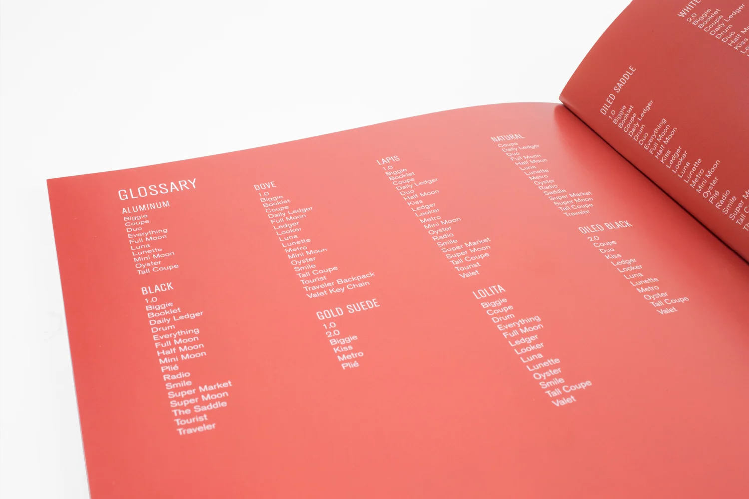 nyc graphic designer art director MH minor history leather goods product accessories design catalog list coral red white words glossary