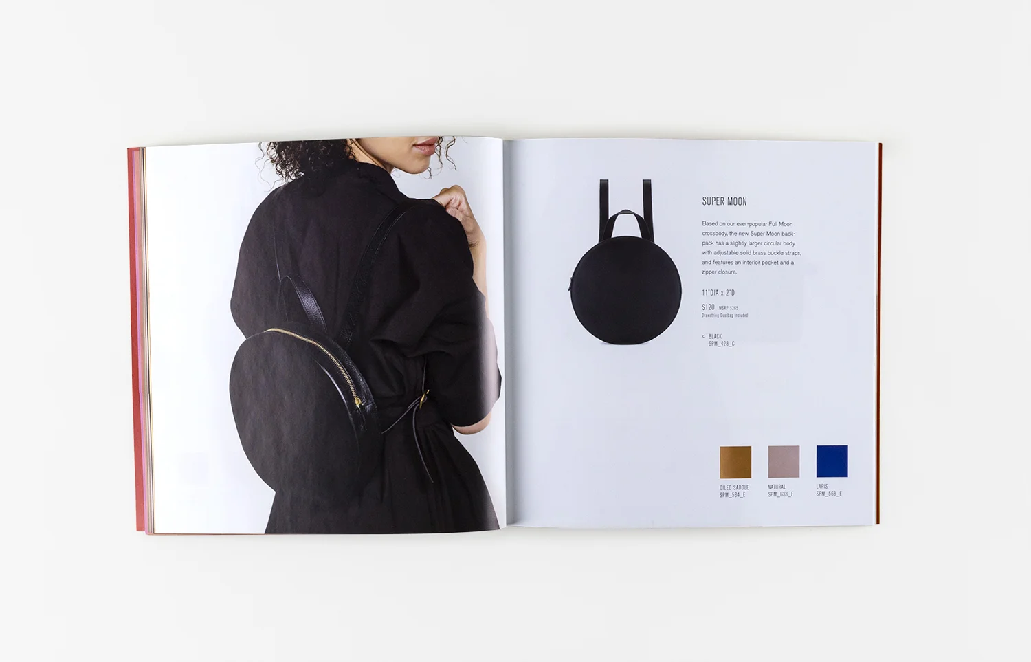 nyc graphic designer art director school MH minor history leather goods product accessories design editorial catalog layout typography model round backpack