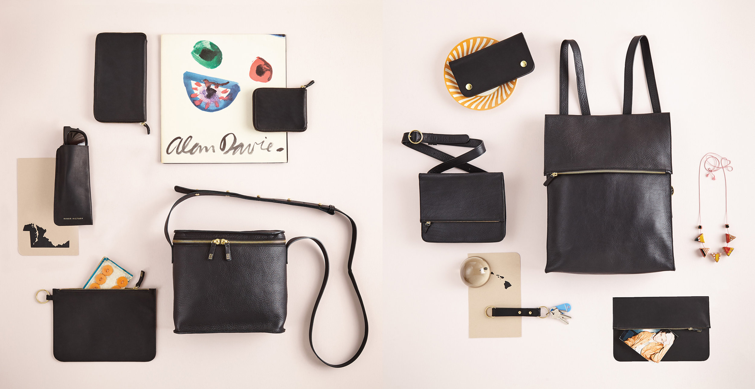 nyc graphic designer art director MH minor history leather goods product accessories design editorial catalog black bags radio traveler wallet art carryall school market