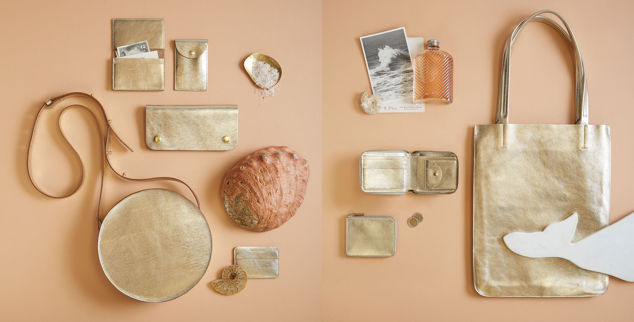 nyc graphic designer art MH minor history leather goods product accessories design editorial white gold salmon pink peach whale marble tote bag crossbody wallet beach ocean shell travel summer