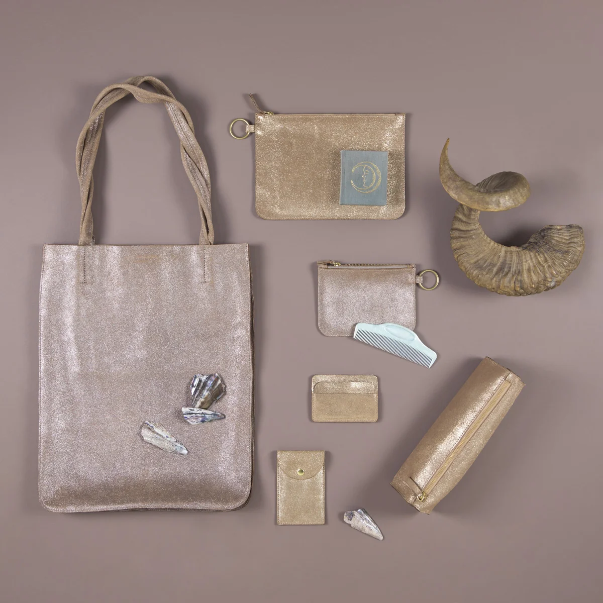 nyc graphic designer art director MH minor history leather goods product accessories design editorial suede tote bag wallet zip pouch horn metallic 