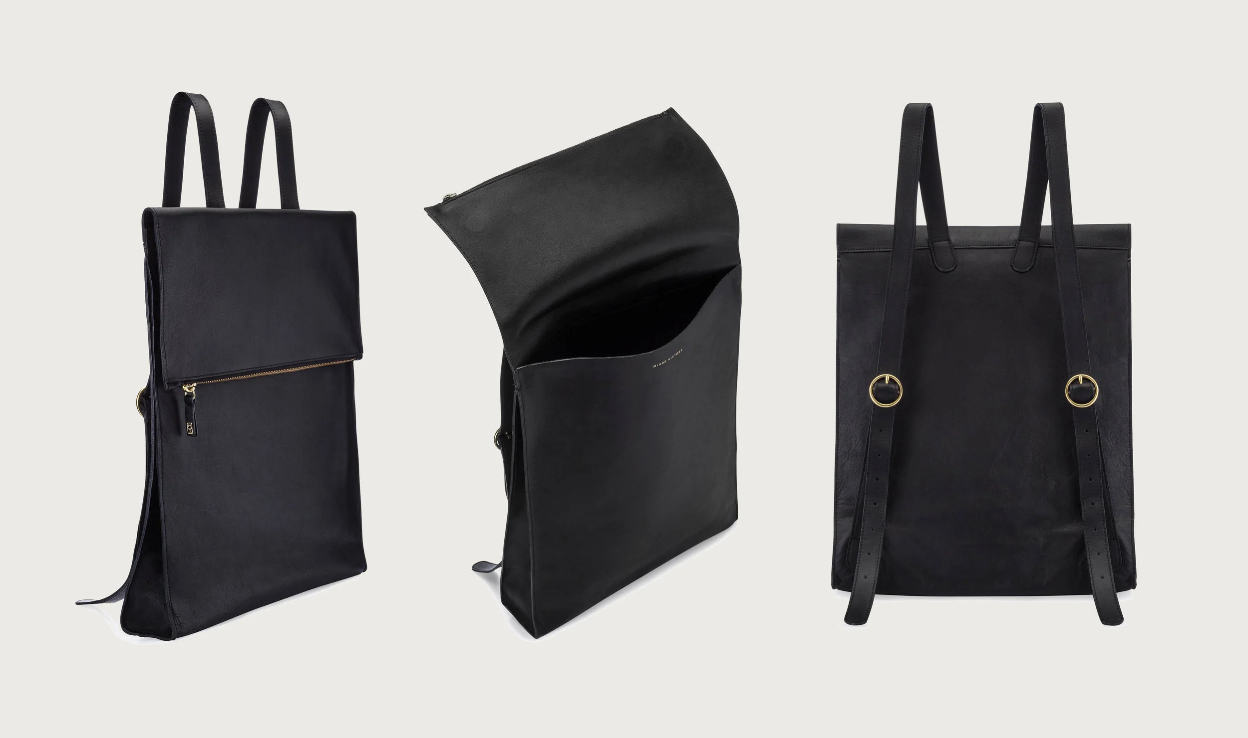 school nyc graphic designer art director coachella music festival MH minor history leather goods product accessories design silhouette backpack black zipper views open