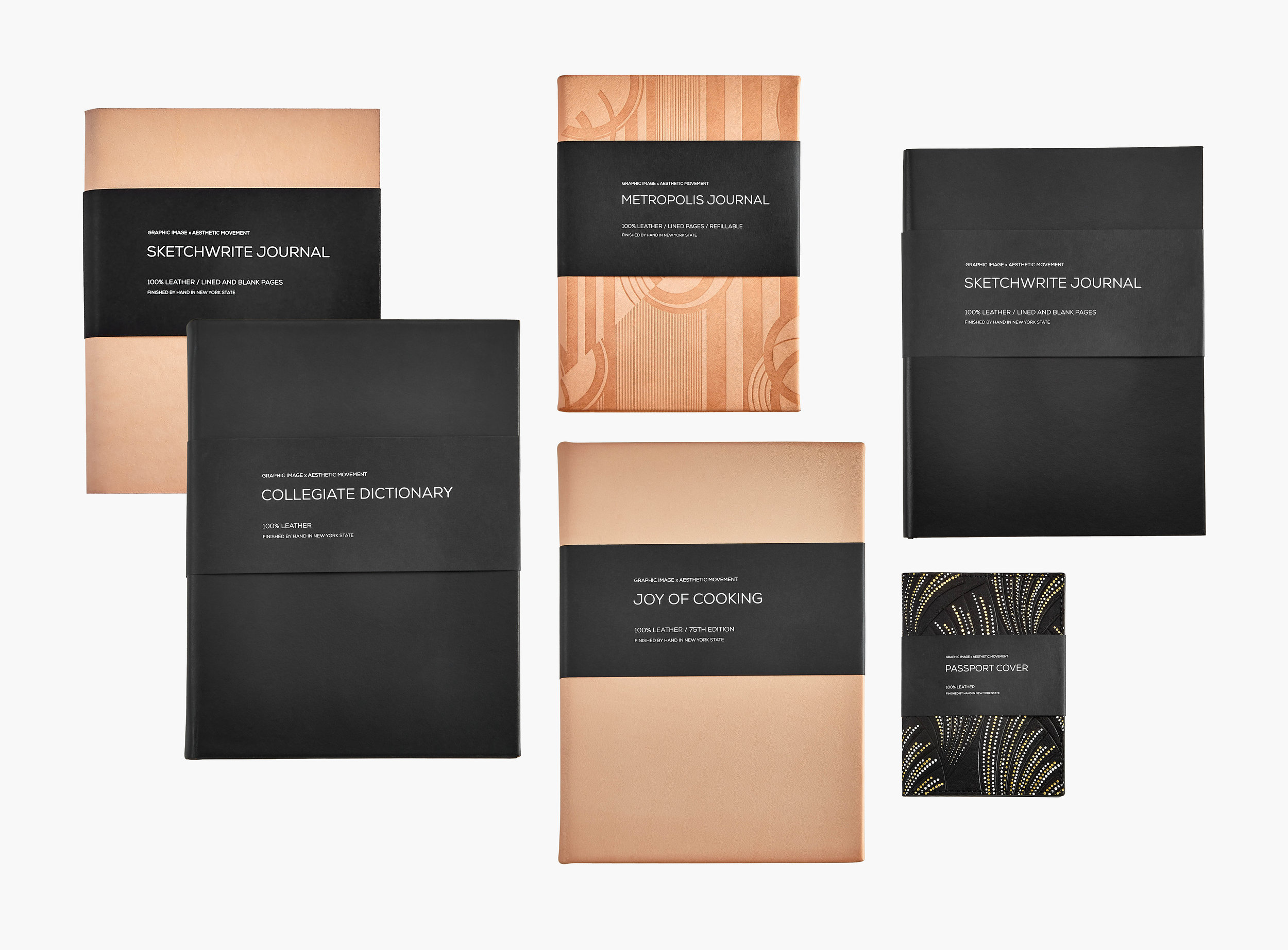 nyc designer graphic image x A/M Aesthetic Movement New York leather stationery journals books recovered packaging bellyband black