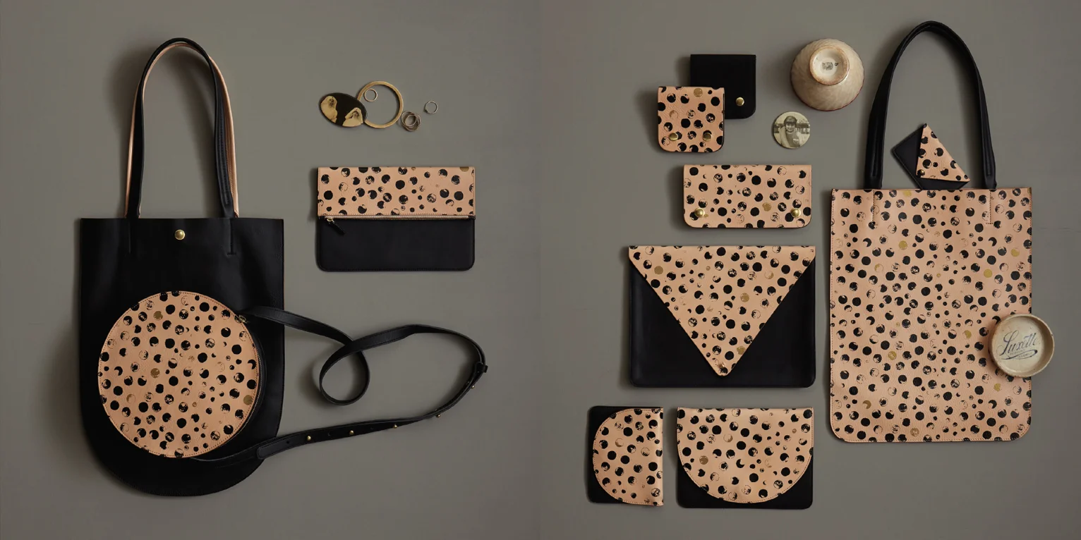 nyc graphic designer art director MH minor history leather goods product accessories design editorial moon pattern stamp dots black natural crossbody tote geometric space birthday ideas 