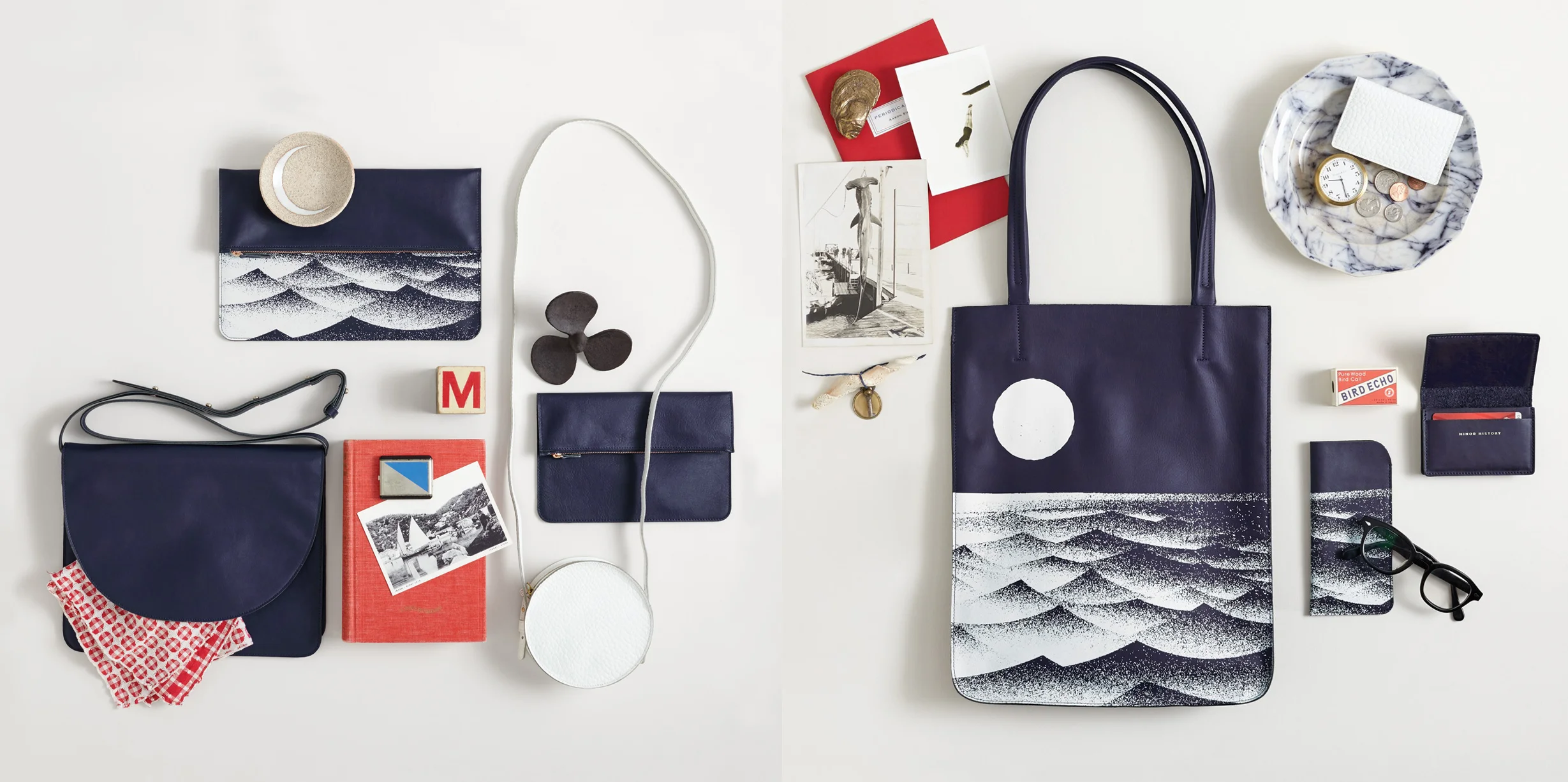 nyc graphic designer art director MH minor history leather goods accessories design editorial waves white pattern navy indigo pouch wallet tote hamptons montauk travel bachelorette birthday summer