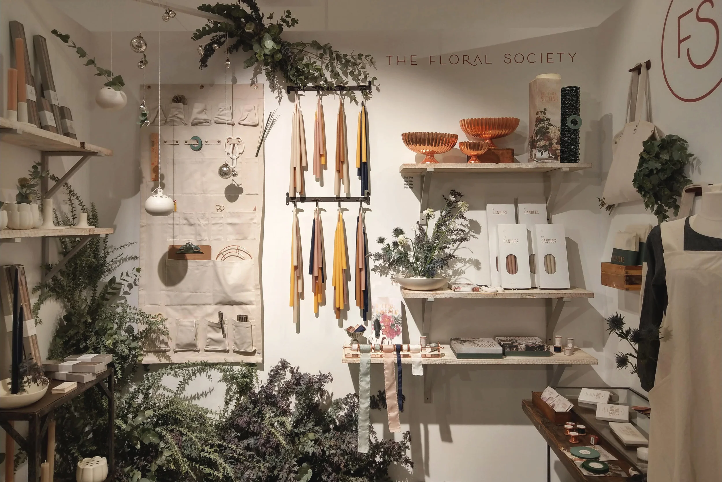 wholesale the floral society trade show collection shoppe object monogram logo packaging product candles tapers totes apron canvas copper vase