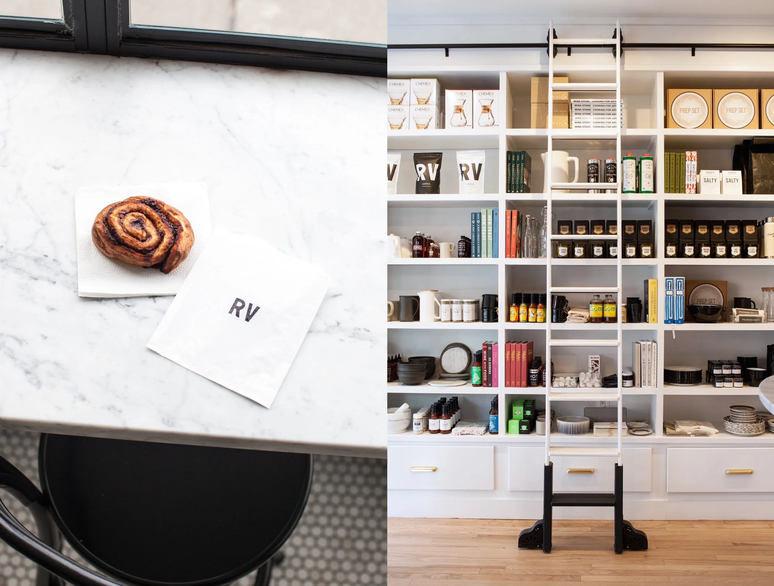 aesthetic movement graphic designer nyc regular visitors marble pastry RV paper logo design ladder shelves grocer market white wood tiles local
