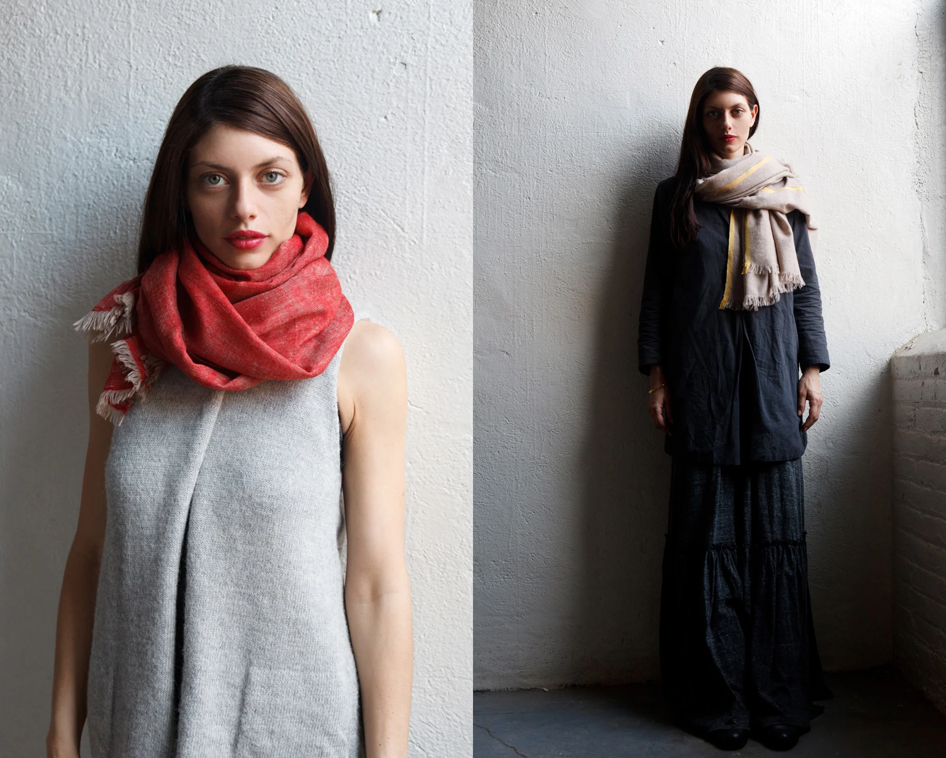 andraab catalog design photo shoot nyc art director accessories apparel shawls scarves scarf red shadows model brunette
