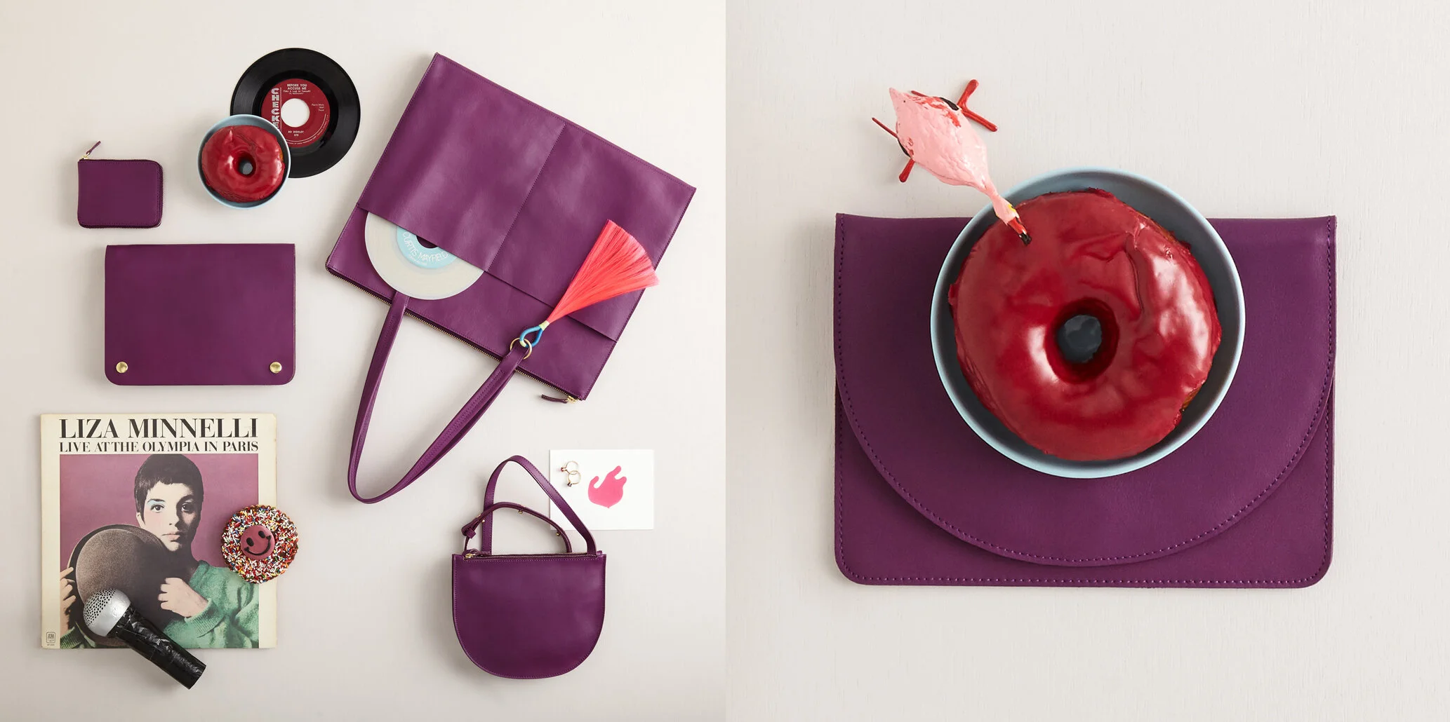 nyc graphic designer art director MH minor history leather goods product accessories design editorial plum peacock donut glaze liza minnelli record microphone tote bag clutch music festival coachella