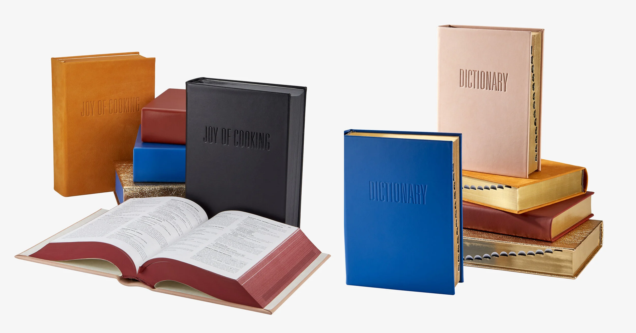nyc designer graphic image x A/M Aesthetic Movement New York leather recovered books dictionary joy of cooking thesaurus blue nude gold design