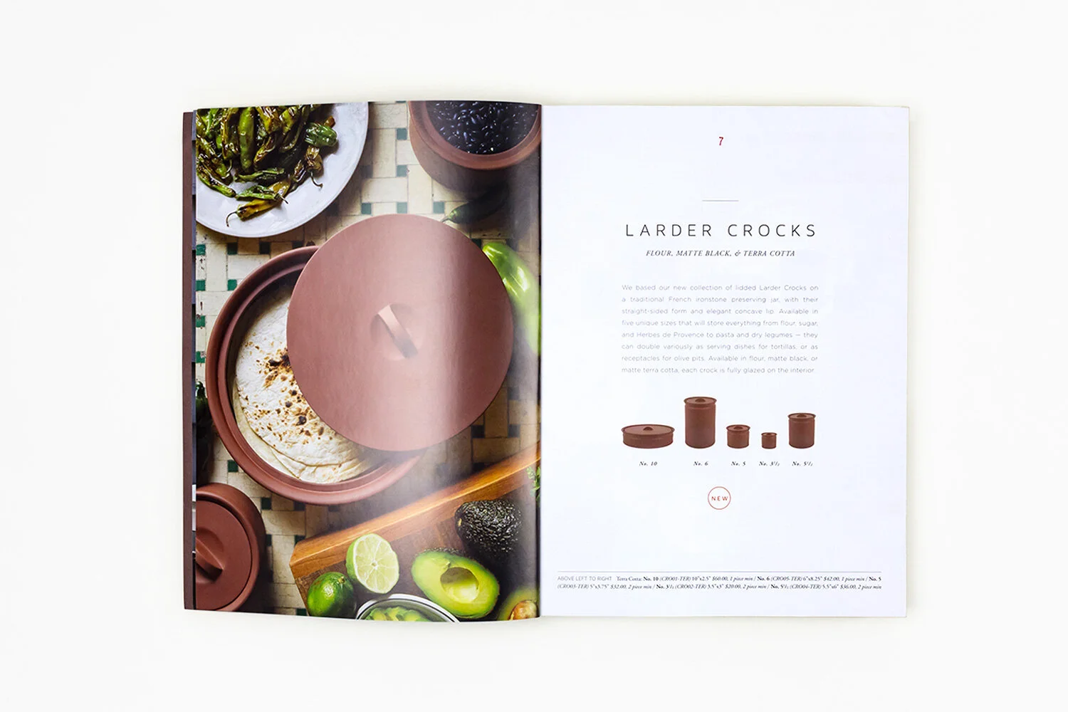 gift home kate sears aesthetic movement wholesale graphic designer nyc sir/madam sirmadam catalog design spread crocks tortillas Shishito peppers avocado lime ceramic lid 