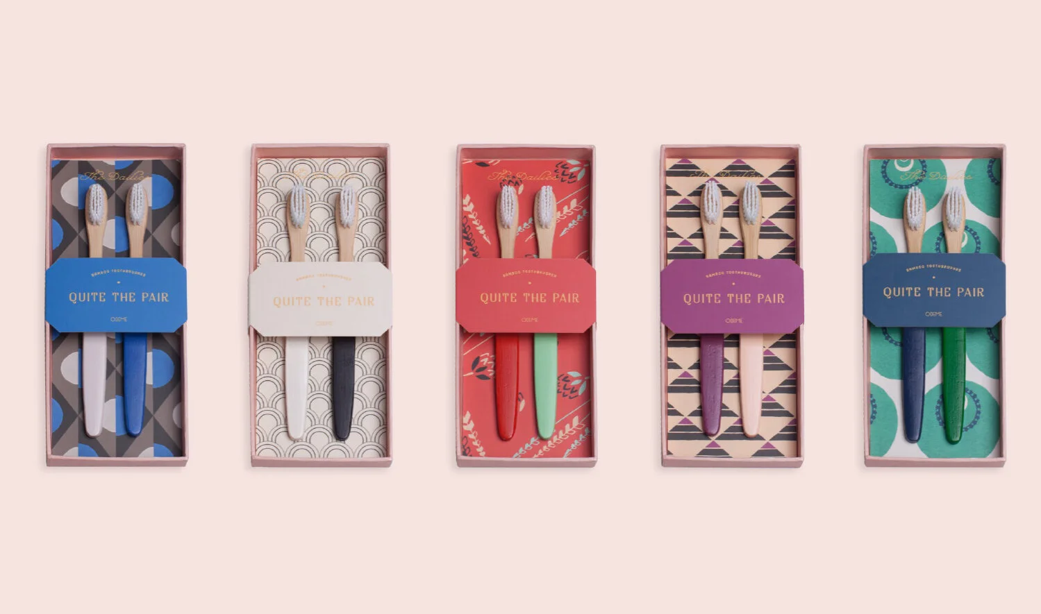 nyc graphic designer home gift odeme packaging design pattern vintage toothbrushes quite pair gold foil bellyband pink bamboo set