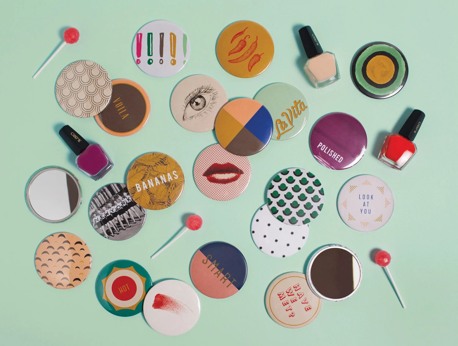 nyc graphic designer home gift candy odeme button mirrors design lips eyes vintage new york women have we met bananas la vita polished suckers pattern voila birthday party bachelorette ideas bride