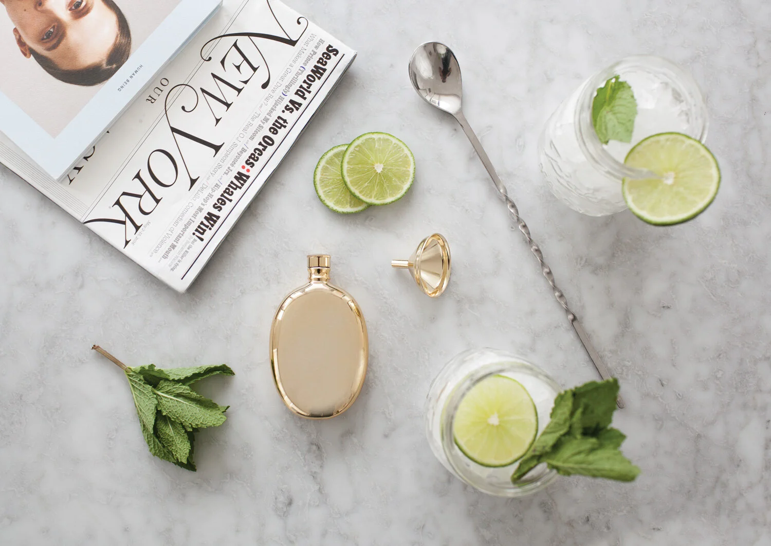nyc graphic designer home gift 21 birthday relax ideas bachelor bachelorette wedding odeme gold oval flask funnel stirrer new york magazine cocktail lime marble overlay design happy hour