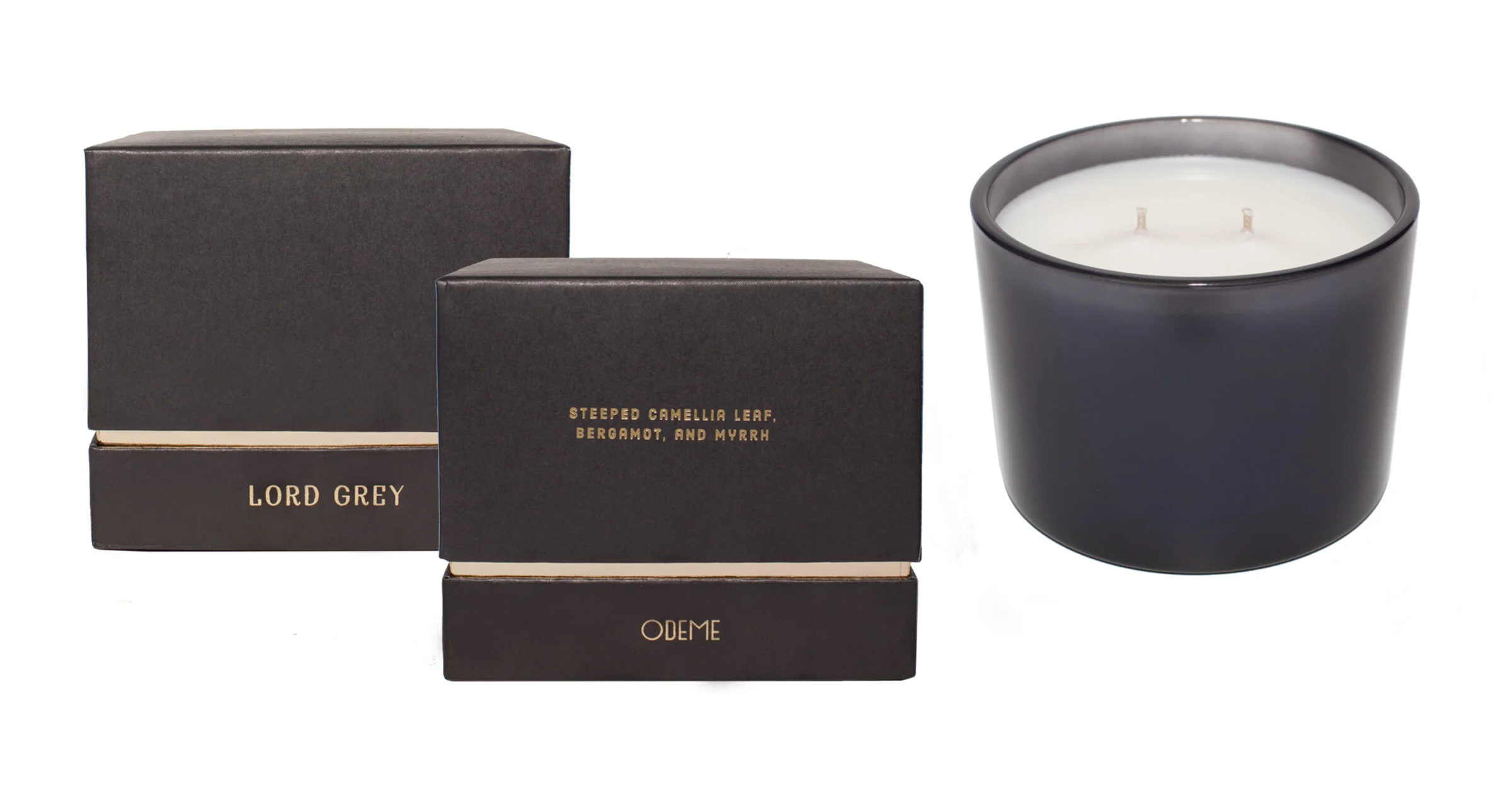 nyc graphic designer home gift fragrance scented odeme black candle packaging lord grey double wick design gold foil setup box tea
