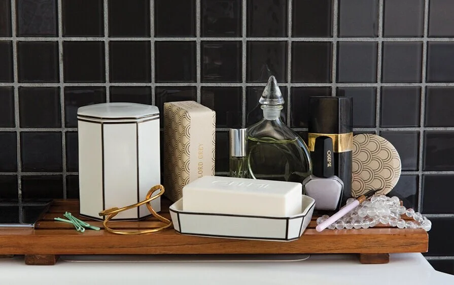 nyc graphic designer home gift odeme tub bathroom products soap dish canister black stripe ceramic nail polish tile beauty wedding day bachelorette ideas 