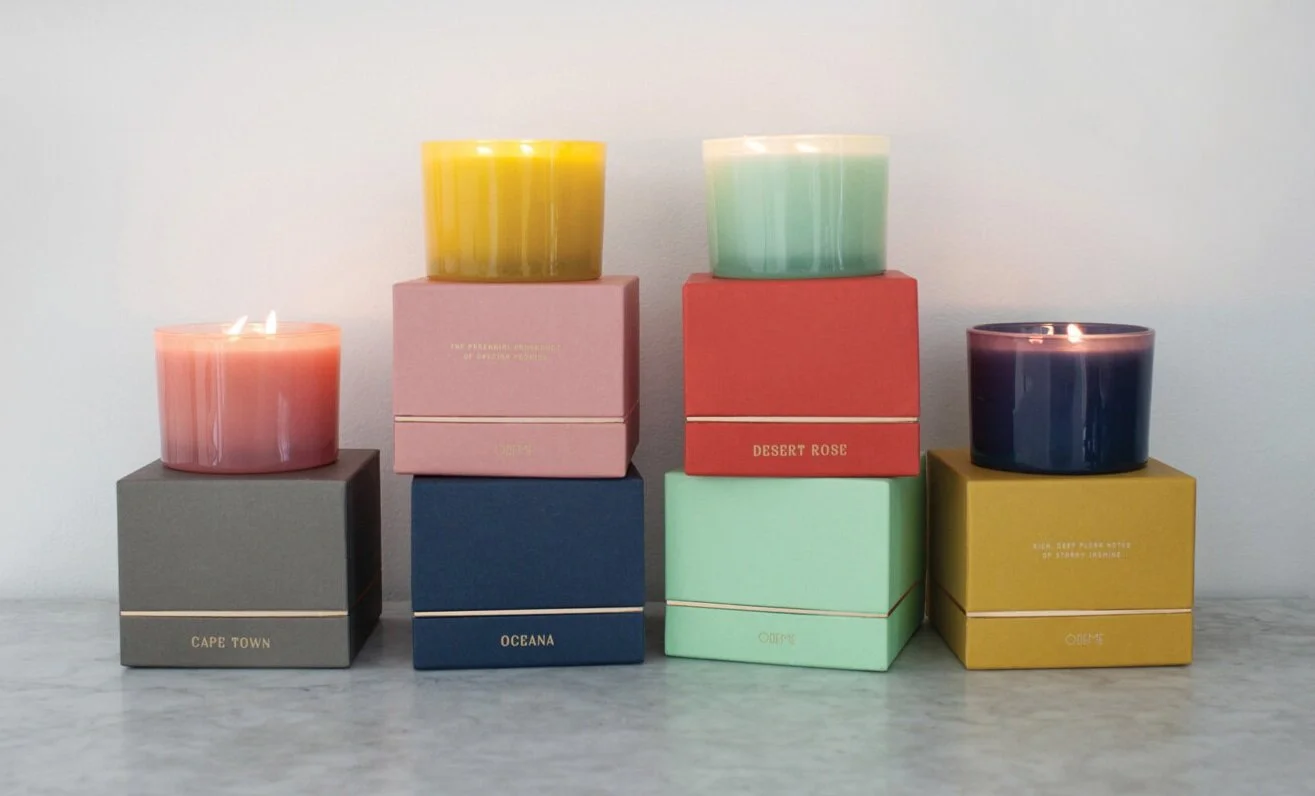 nyc graphic designer home gift living room scented odeme candle box packaging colorful solid pink red mint mustard gray navy indigo double wick gold foil setup design fragrance