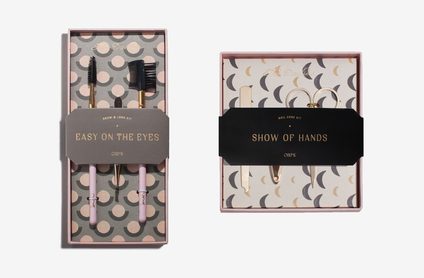 nyc graphic designer home gift odeme packaging pattern circle crescent moon bellyband design easy eyes show hands box eyebrow nail kit clippers brush spoolie gold foil bevel manicure