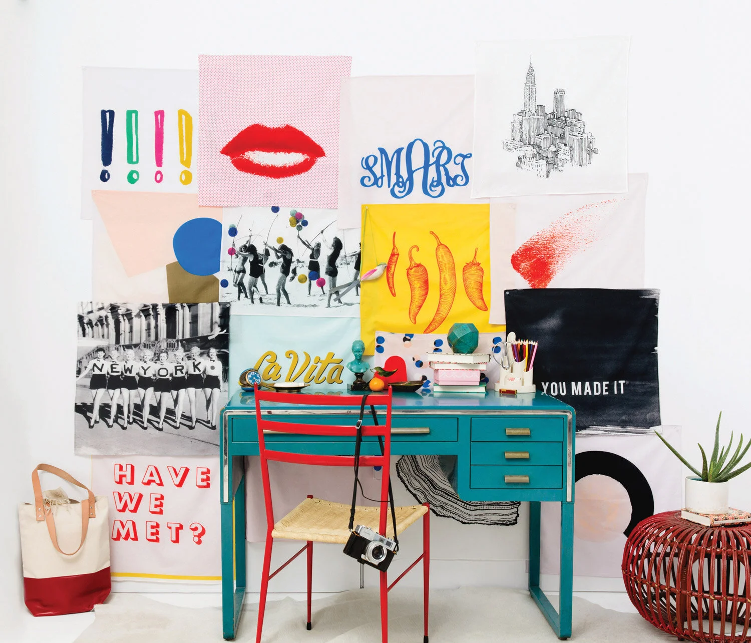 nyc graphic designer home gift interiors styling odeme handkerchief design pop art colorful teal desk red chair have we met lips smart peppers vintage new york women beauty accessories office wall art