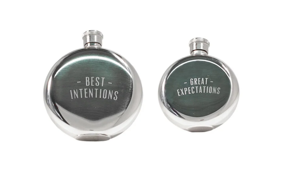 nyc graphic designer home gift liquor drinking bachelor party 21 izola design round flask stainless steel best intentions great expectations typography