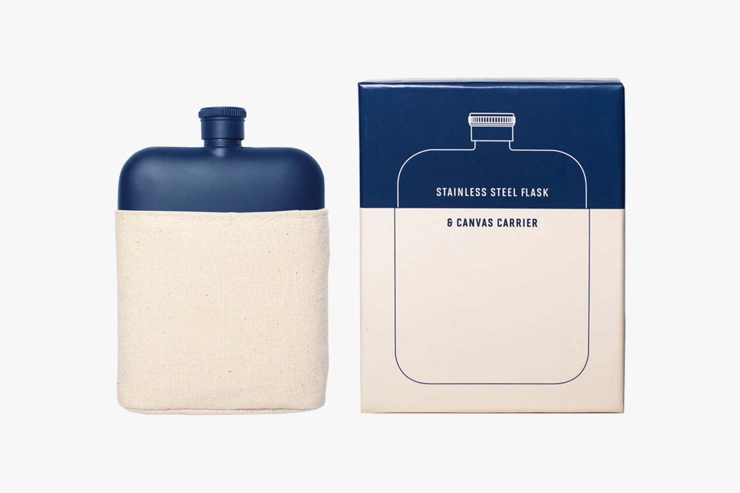 nyc graphic designer home men's gift izola design packaging canvas flask sleeve navy blue indigo steel color block cream travel adventure liquor
