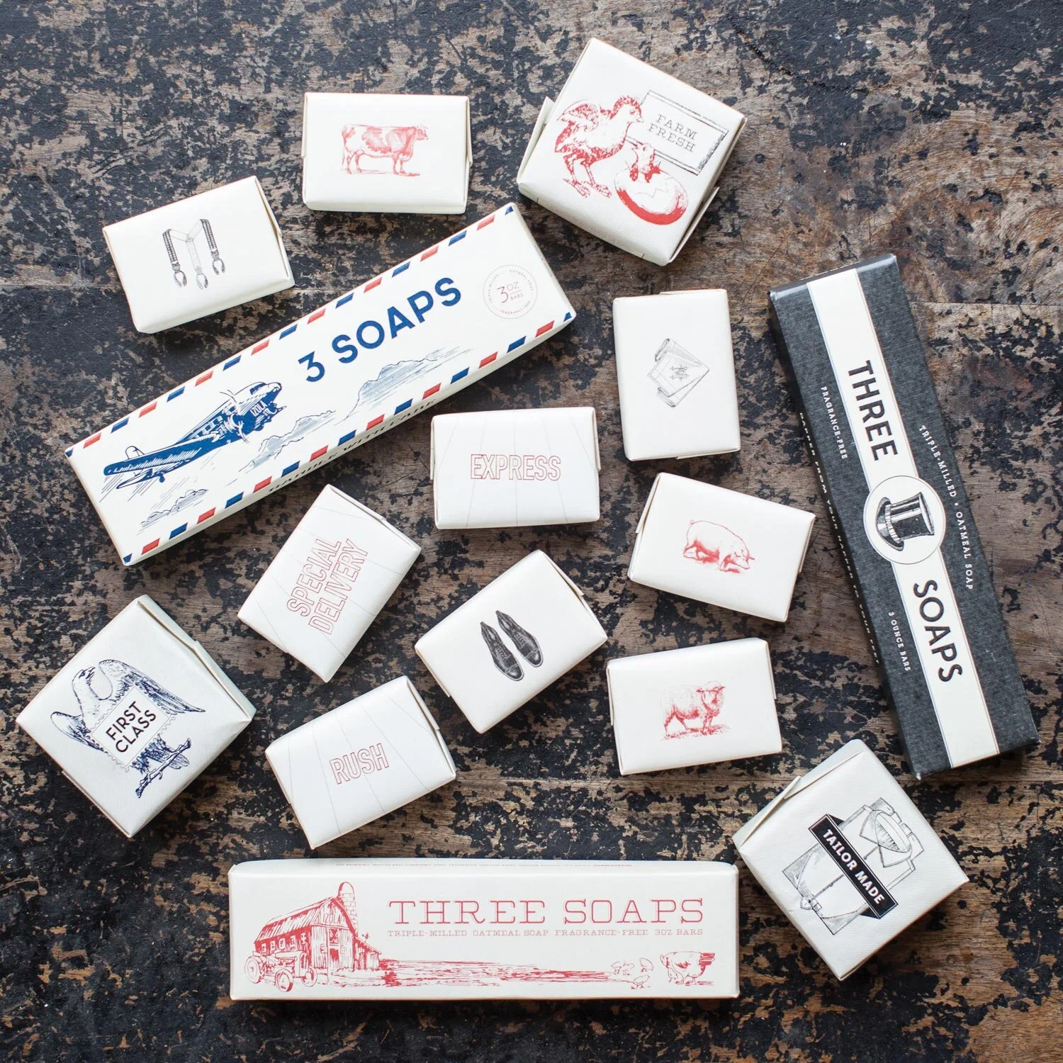 nyc graphic designer home gift izola design packaging box soap set 3-in-1 three soaps par avion gentleman harvest farm plane top hat dapper