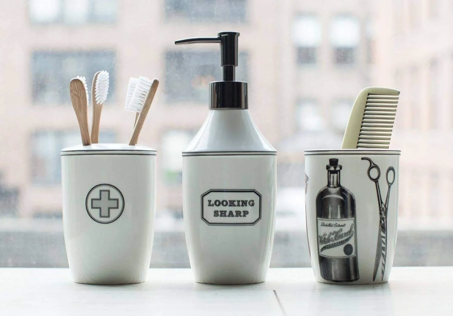 nyc graphic designer home gift izola design bathroom accessories toothbrush holder soap pump cup vintage comb bamboo looking sharp apothecary