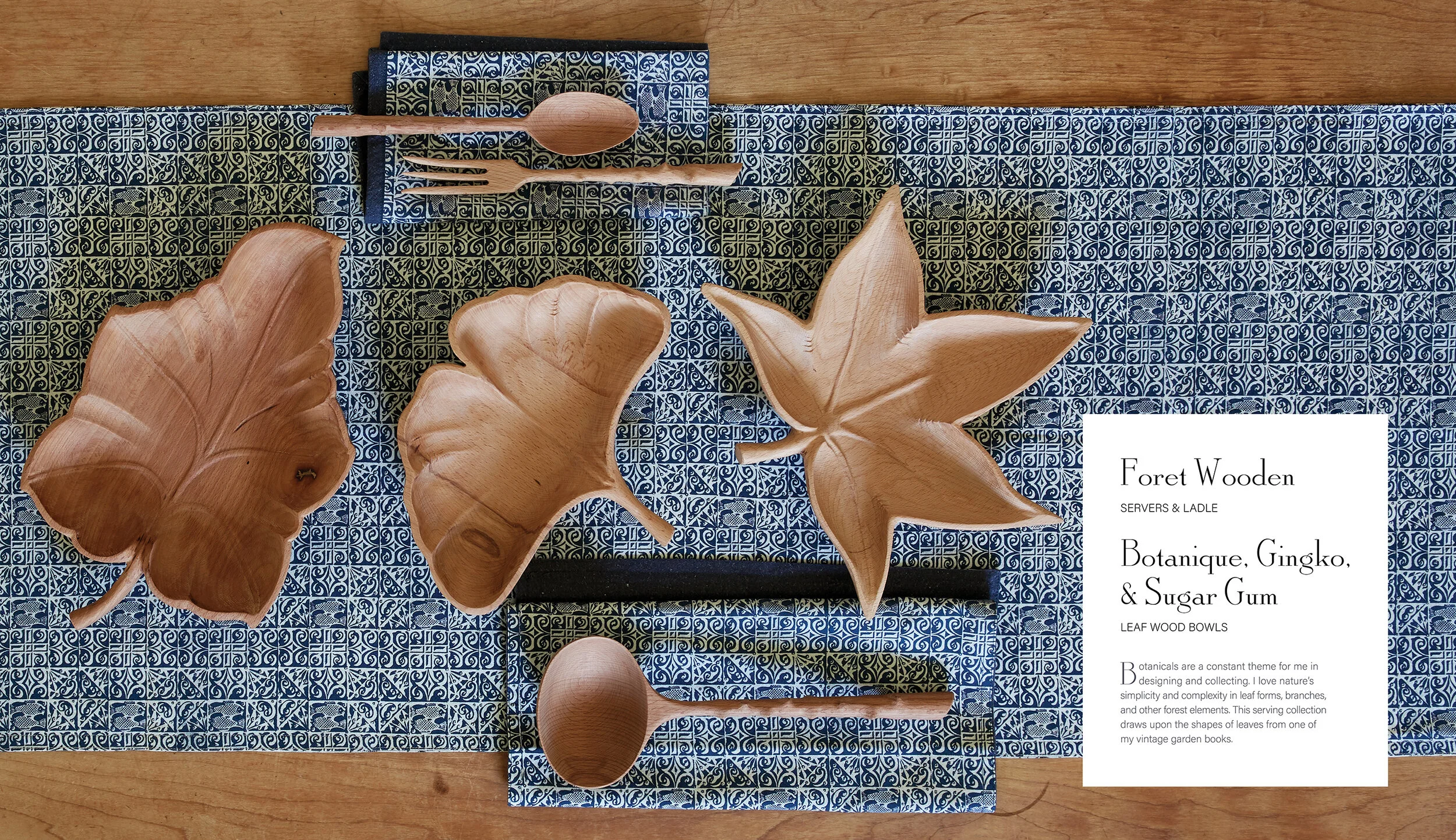 nyc graphic designer tob/aero tob aero thomas o'brien bellport long island new york catalog design foret wooden serving ladles wood leaf bowls indigo runner napkin