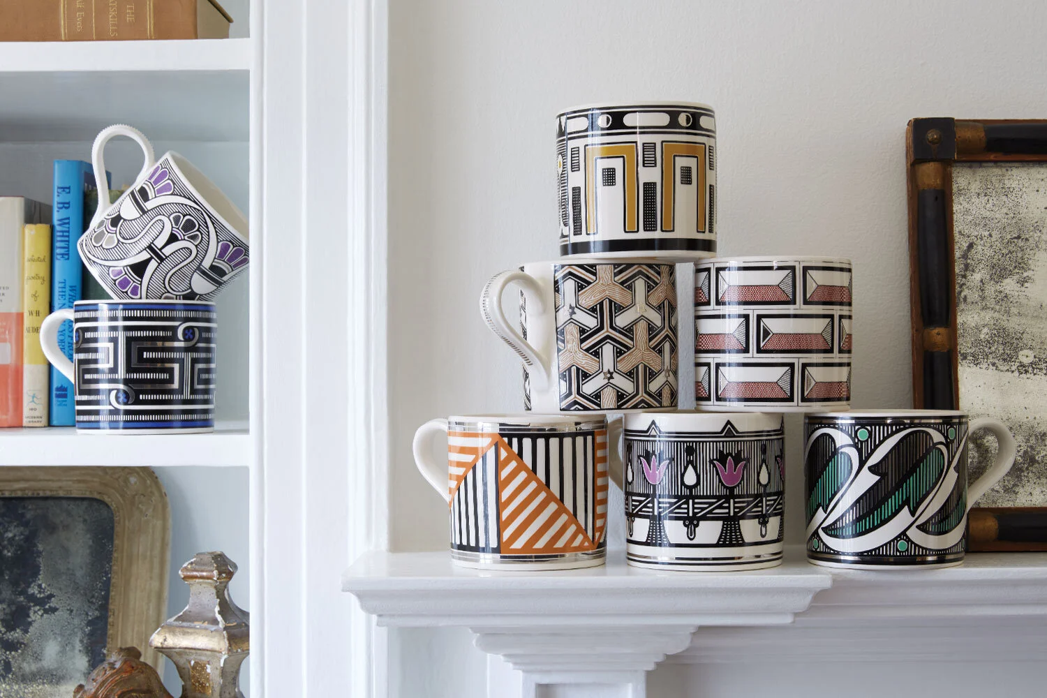 styling kate sears gift home aesthetic movement wholesale art director nyc sir/madam sirmadam mantle decor architectural mugs cups ceramic still life graphic bold color pattern