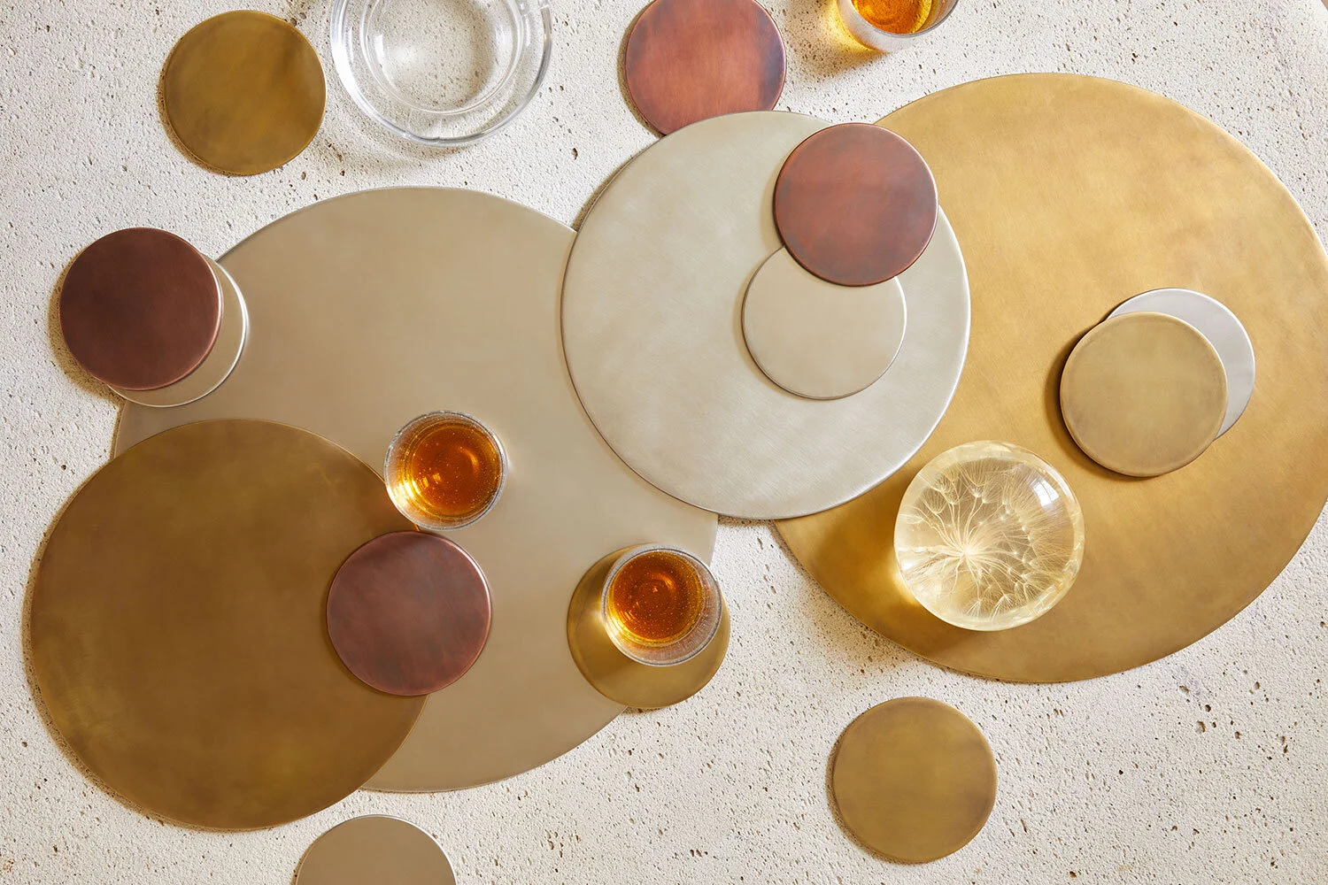 gift home kate sears aesthetic movement wholesale art director nyc sir/madam sirmadam copper brass silver nickel coasters trivets overhead whiskey whisky orange wine entertaining bar