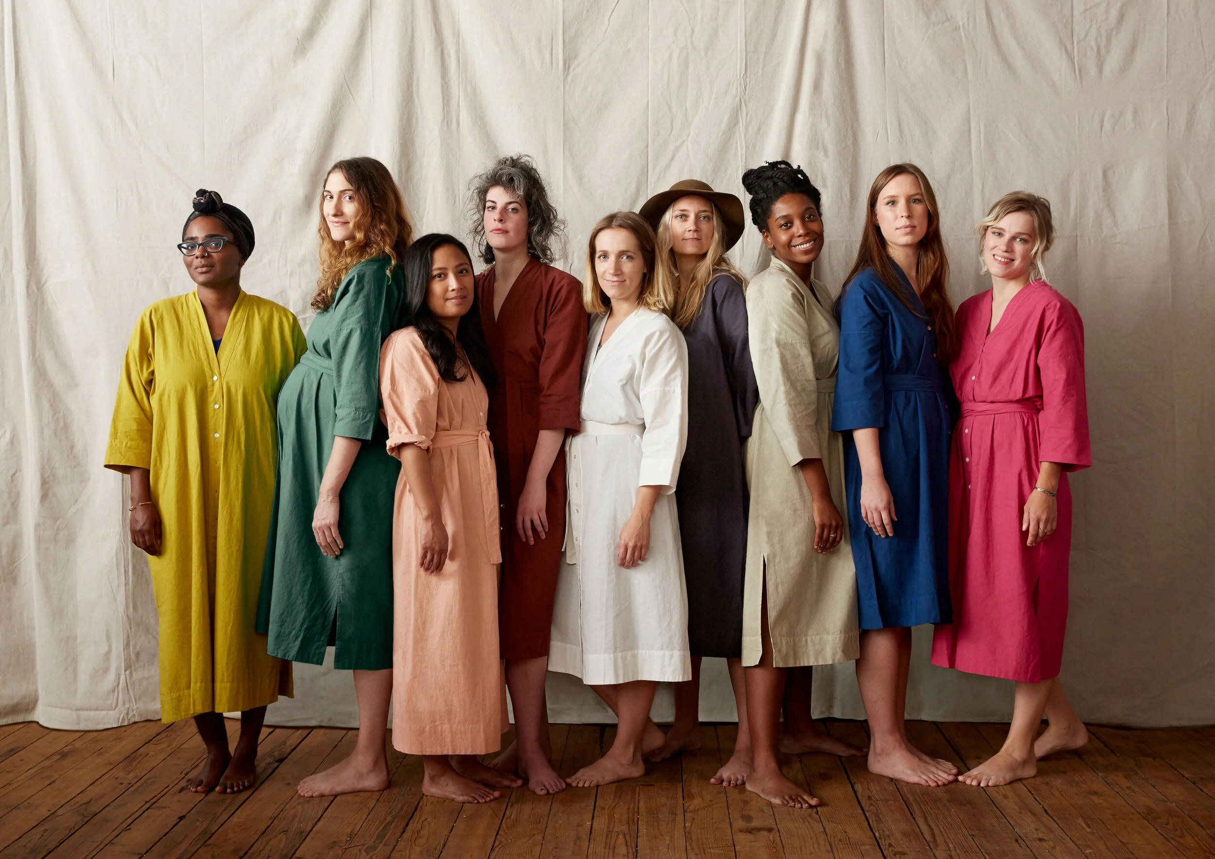 kate sears gift home aesthetic movement wholesale art director nyc sir/madam sirmadam cotton kaftans models rainbow colors salmon indigo emerald oxblood diverse women model