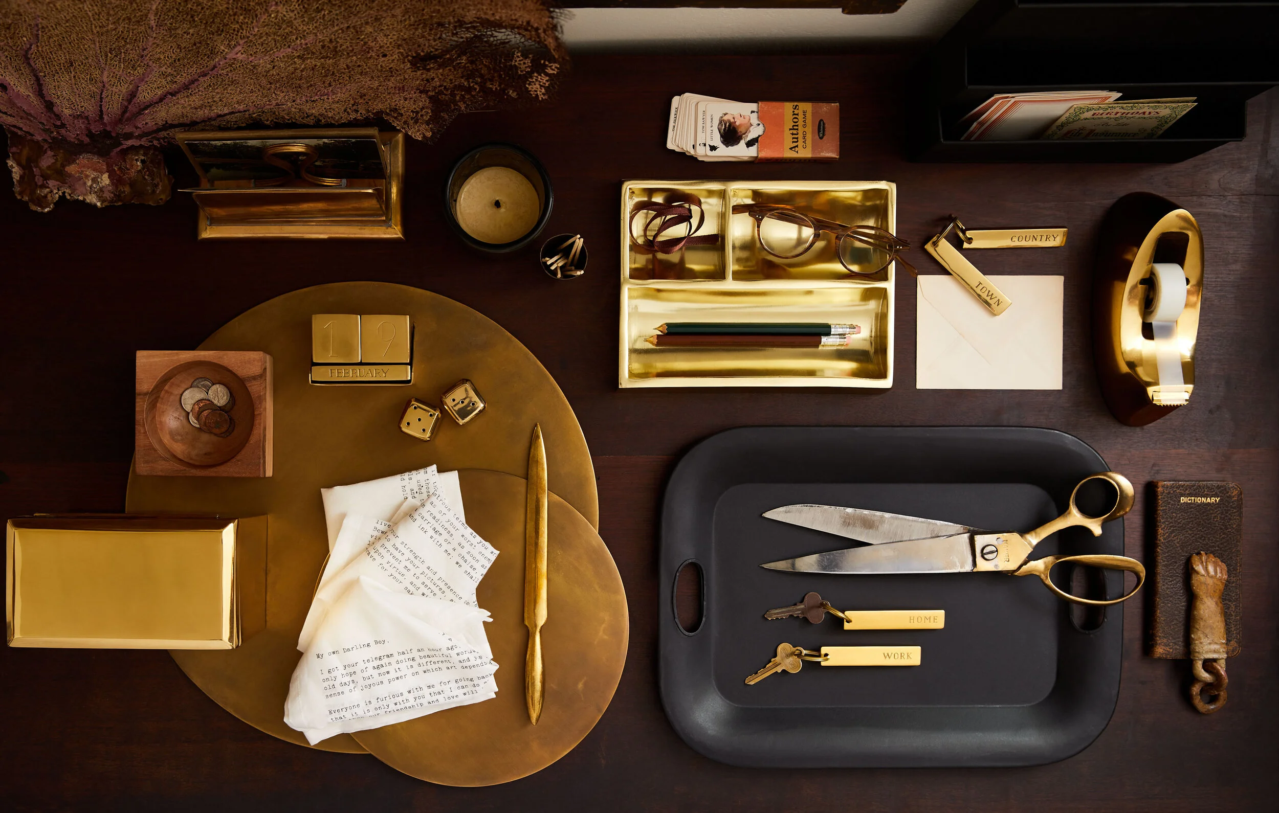 styling gift home aesthetic movement wholesale art director nyc sir/madam sirmadam brass metal desk accessories letter keepsake box scissors tape dispenser trays letters dice calendar kate sears