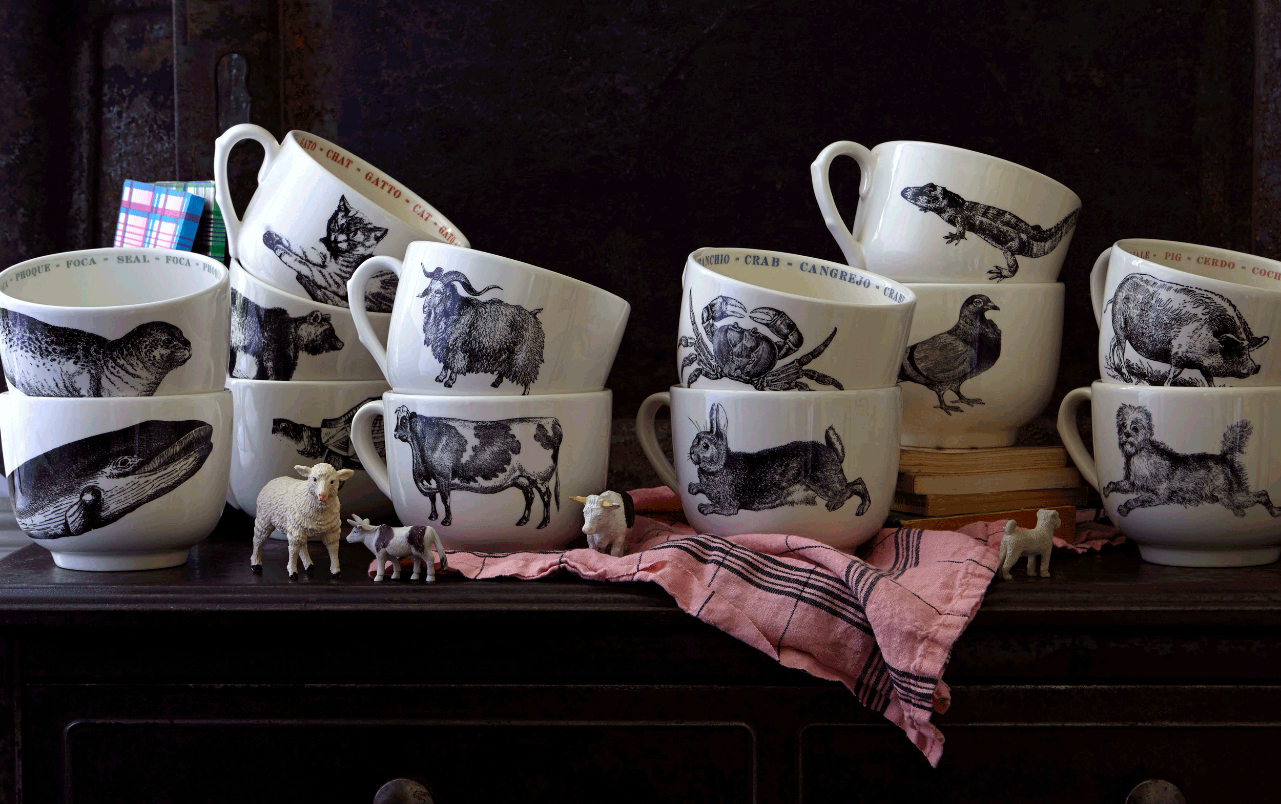 kate sears gift home aesthetic movement wholesale graphic designer nyc sir/madam sirmadam design typography archive fonts grand ceramic cups animals words endearment fauna white ornate handles vintage