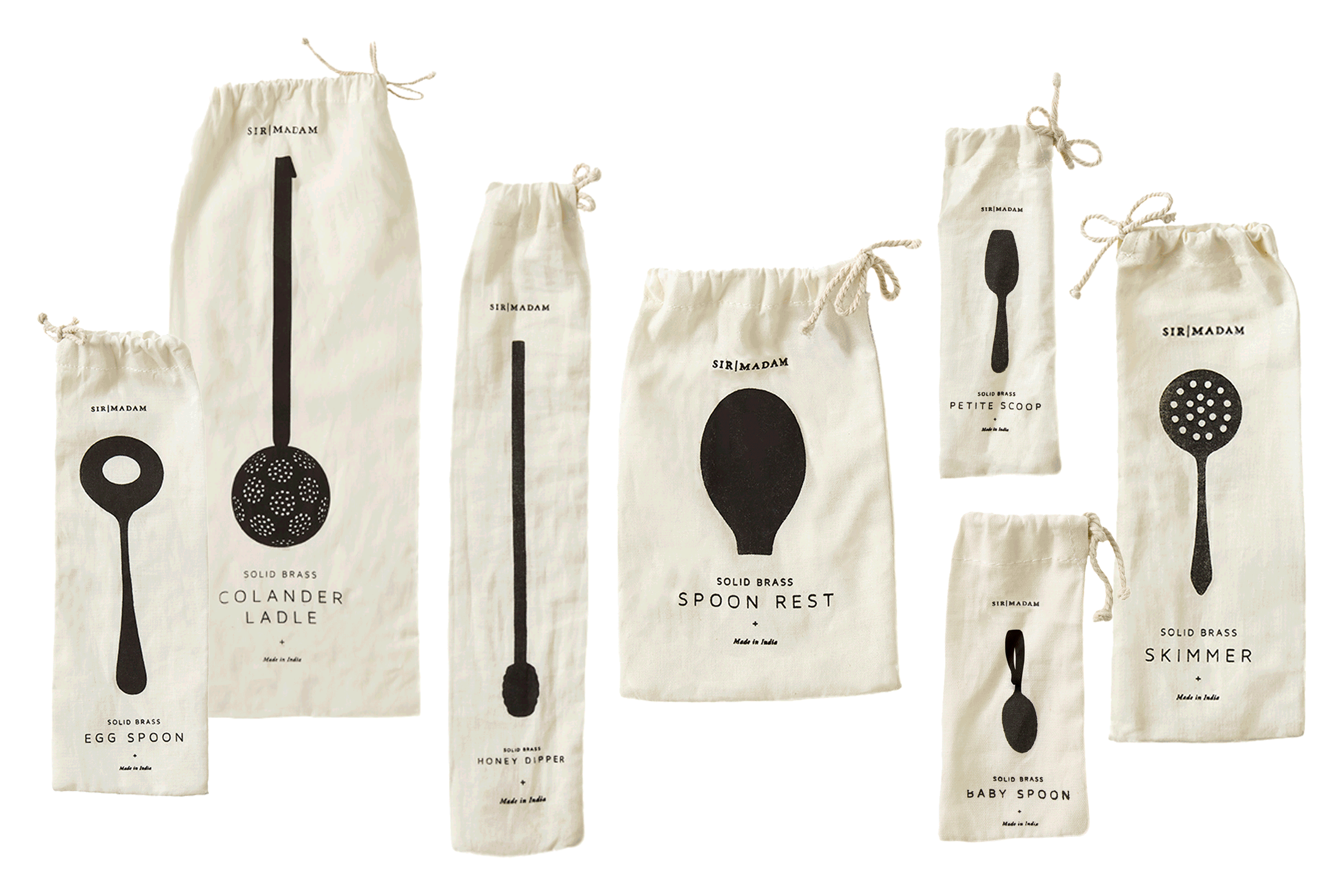 kate sears gift home aesthetic movement wholesale graphic designer nyc sir/madam sirmadam cooking serving tools brass cotton packaging drawstring bag silhouette black ink printed kitchen essentials