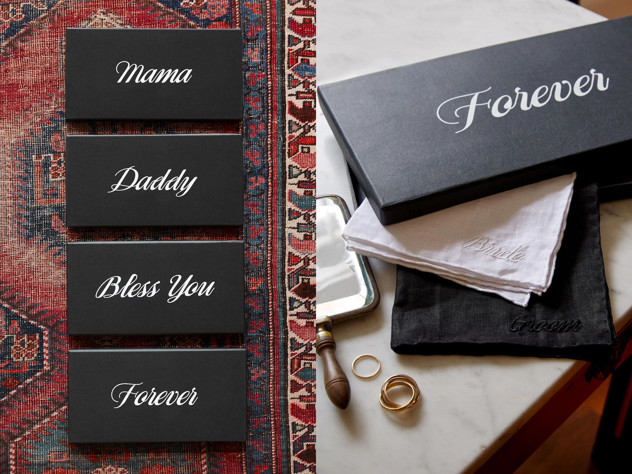kate sears gift home aesthetic movement wholesale graphic designer nyc sir/madam sirmadam handkerchiefs forever mama daddy bless you black box packaging embroidery personalized