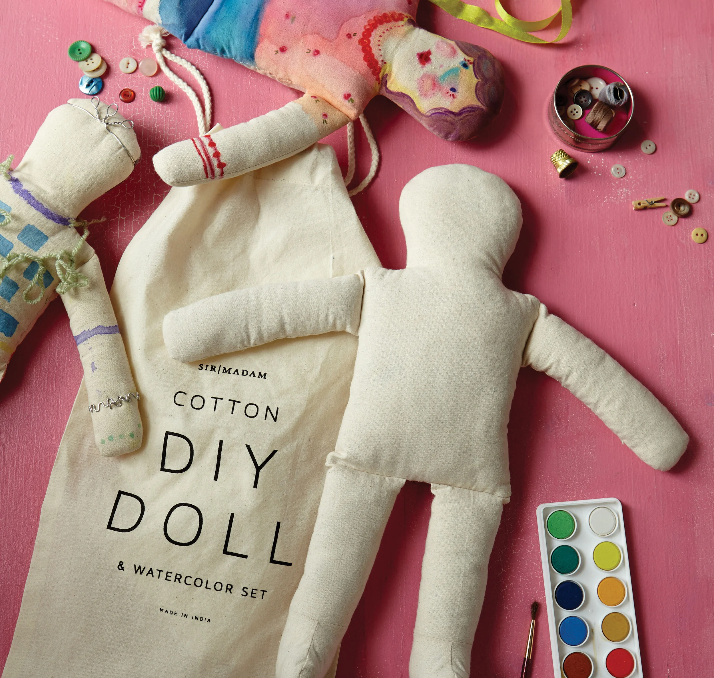kate sears gift home aesthetic movement wholesale graphic designer nyc sir/madam sirmadam cotton diy doll watercolor set hand painted kids crafts pink surface gift ideas toys