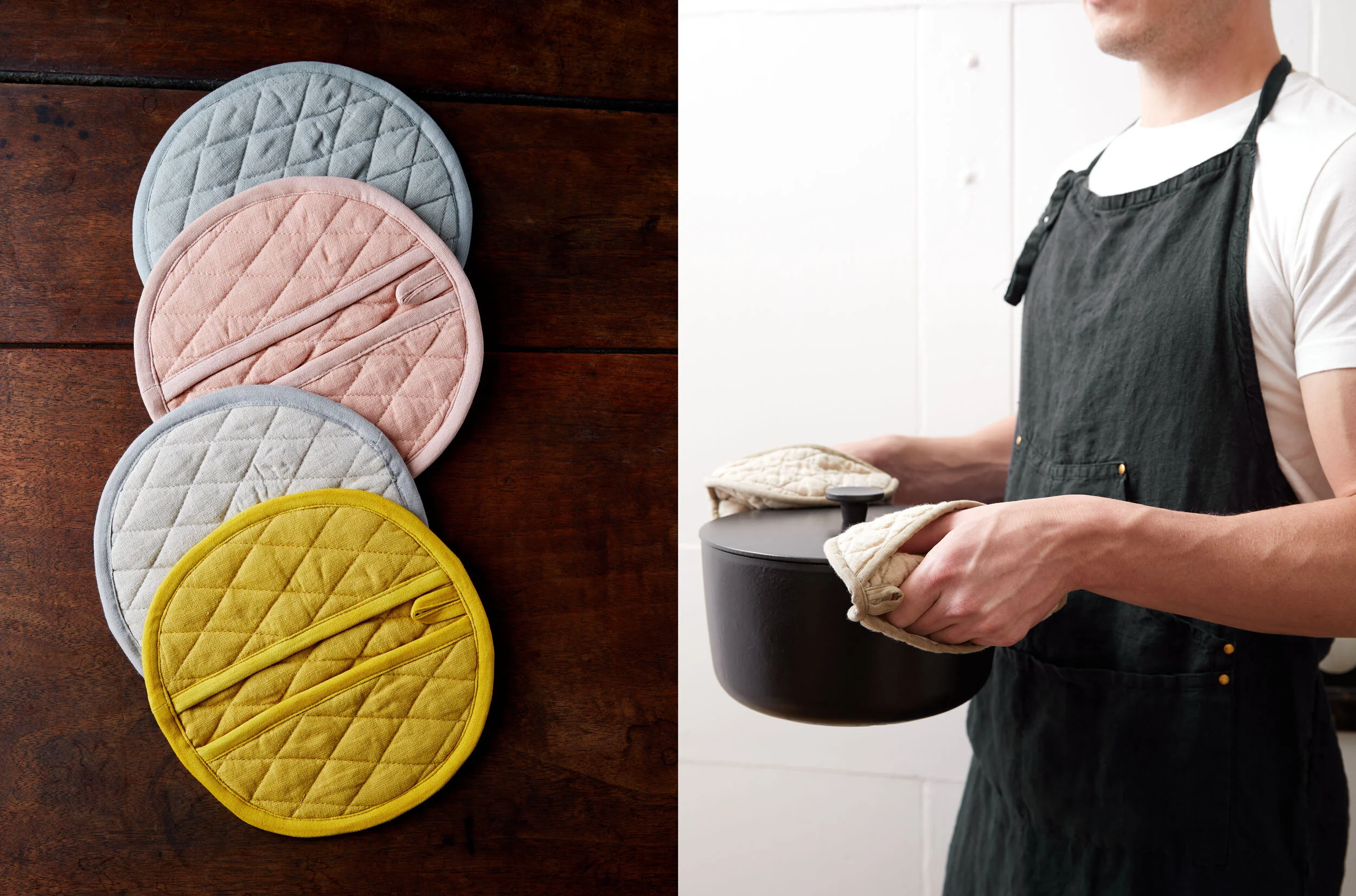 kate sears gift home aesthetic movement wholesale art director nyc sir/madam sirmadam cotton linen kitchen mitts black apron dutch oven male chef model