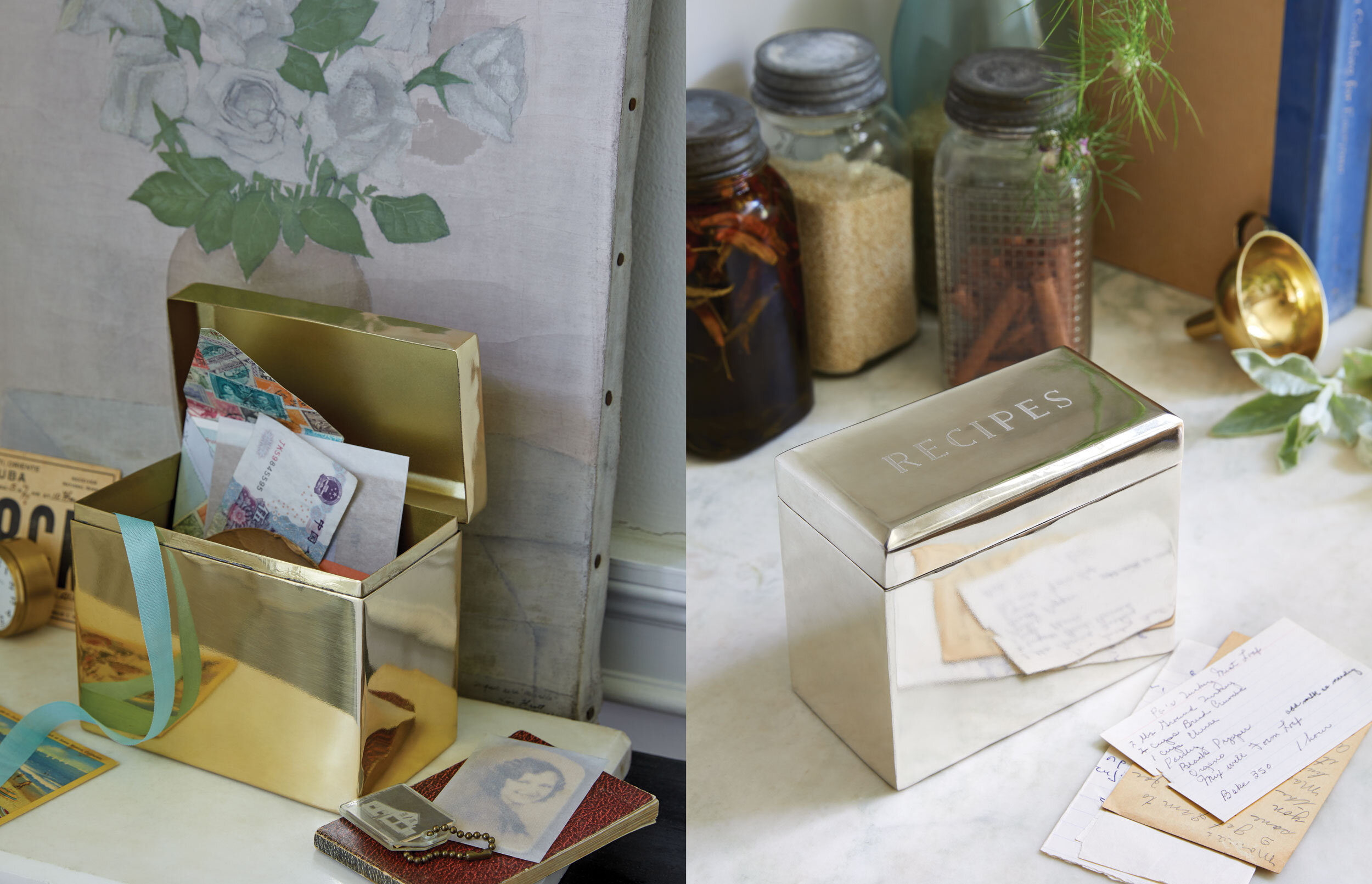 kate sears gift home aesthetic movement wholesale graphic designer nyc sir/madam sirmadam brass silver recipe keepsake box craft kitchen cards vintage photos funnel jars