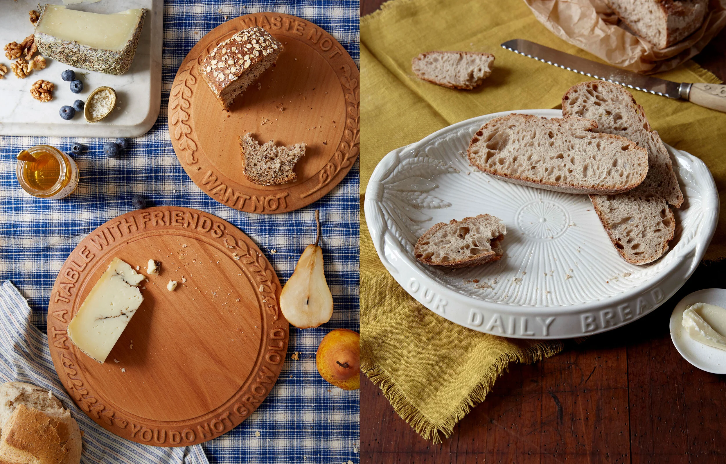 kate sears gift home aesthetic movement wholesale graphic designer nyc sir/madam sirmadam wood ceramic family break bread board plate cheese honey pears yellow napkin blue plaid marble picnic dining