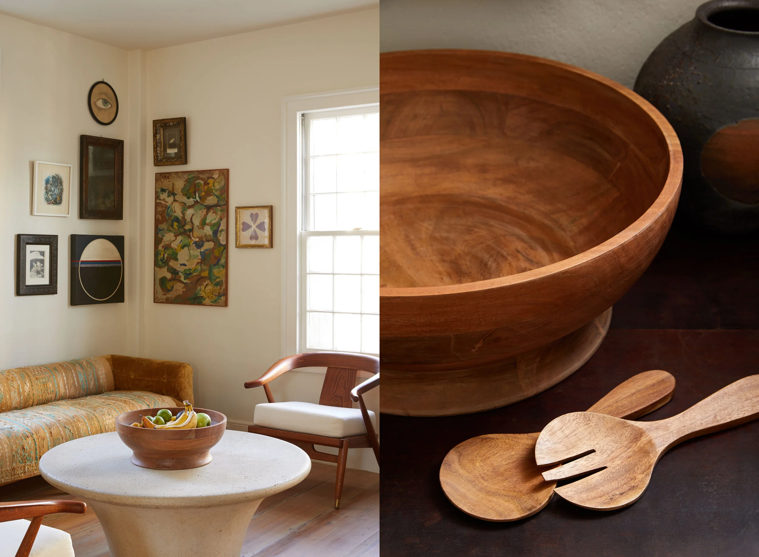 kate sears gift home aesthetic movement wholesale art director nyc sir/madam sirmadam wood salad bowl serving spoon fork living room round table fruit interiors styling 