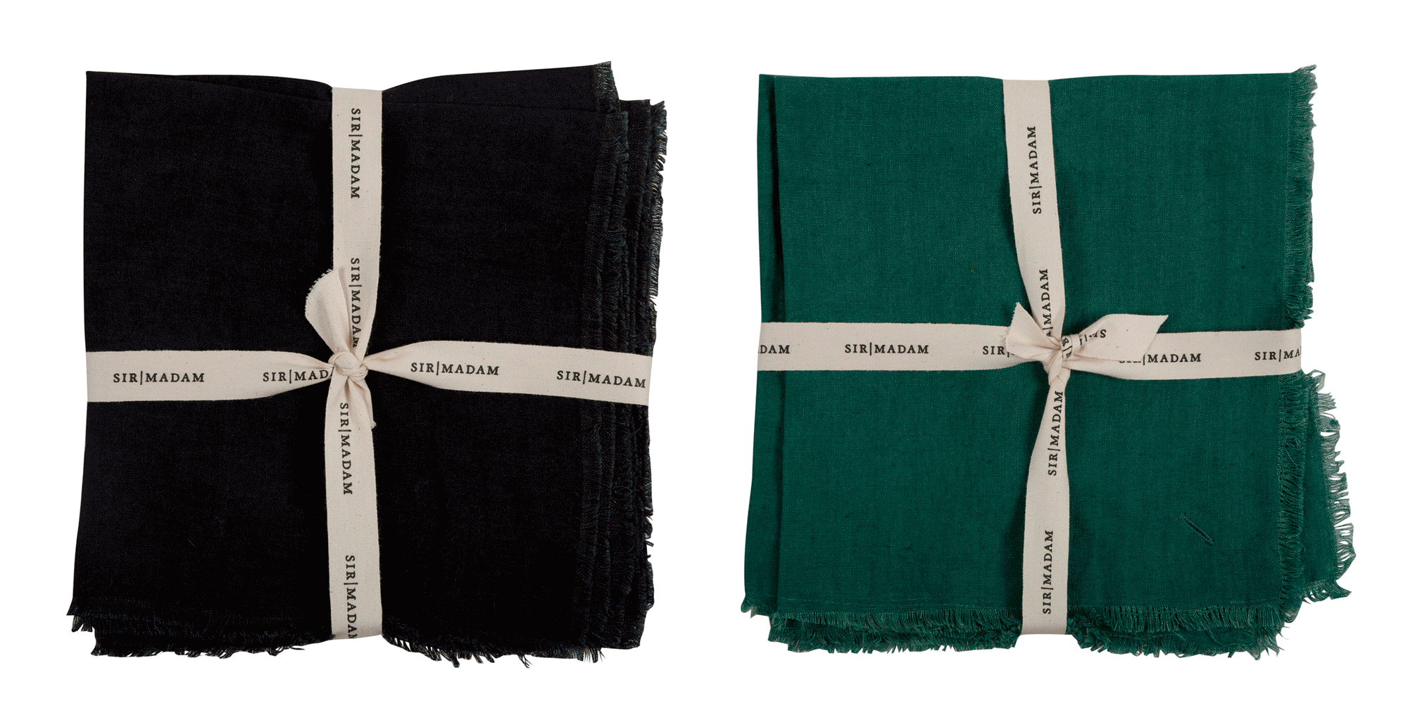 kate sears gift home aesthetic movement wholesale graphic designer nyc sir/madam sirmadam linen napkins folded packaging ribbon fringe 