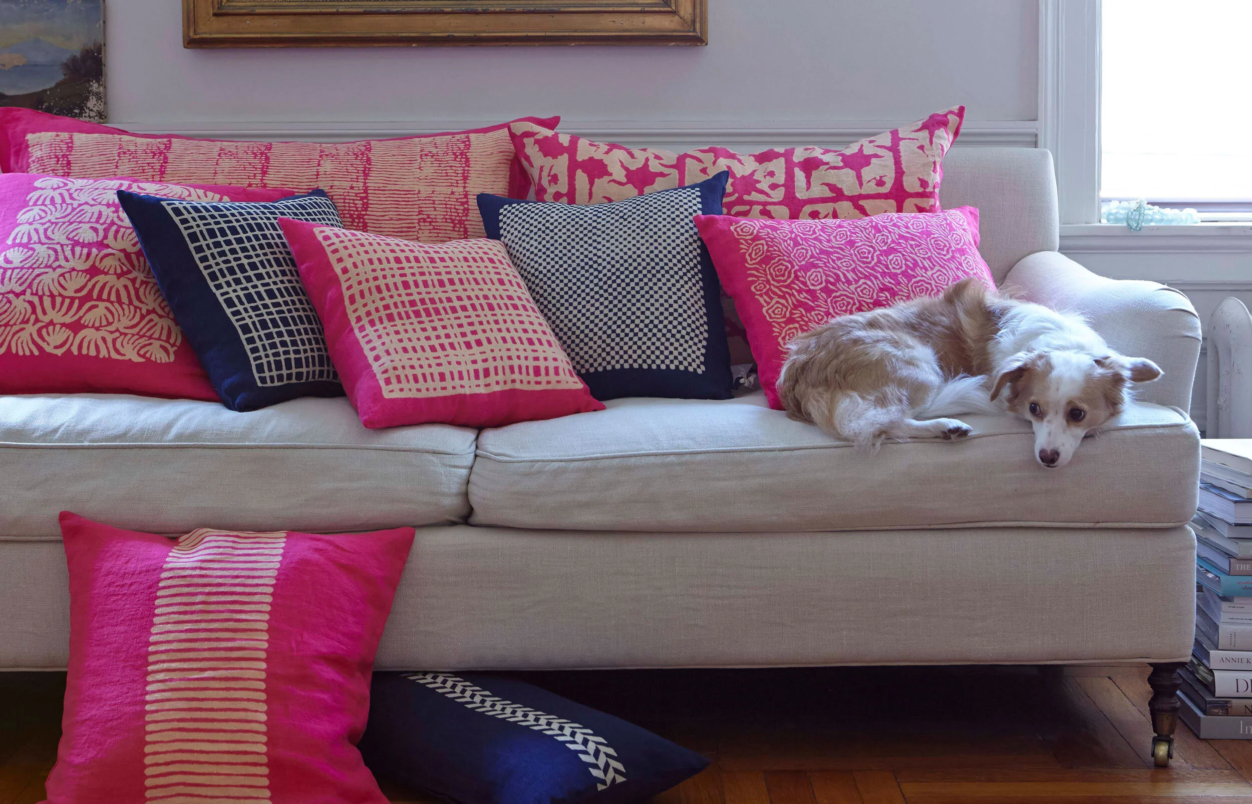 kate sears gift home aesthetic movement wholesale graphic designer nyc sir/madam sirmadam block print linen pillow covers couch dog grid flower stripes chevron indigo magenta interiors styling