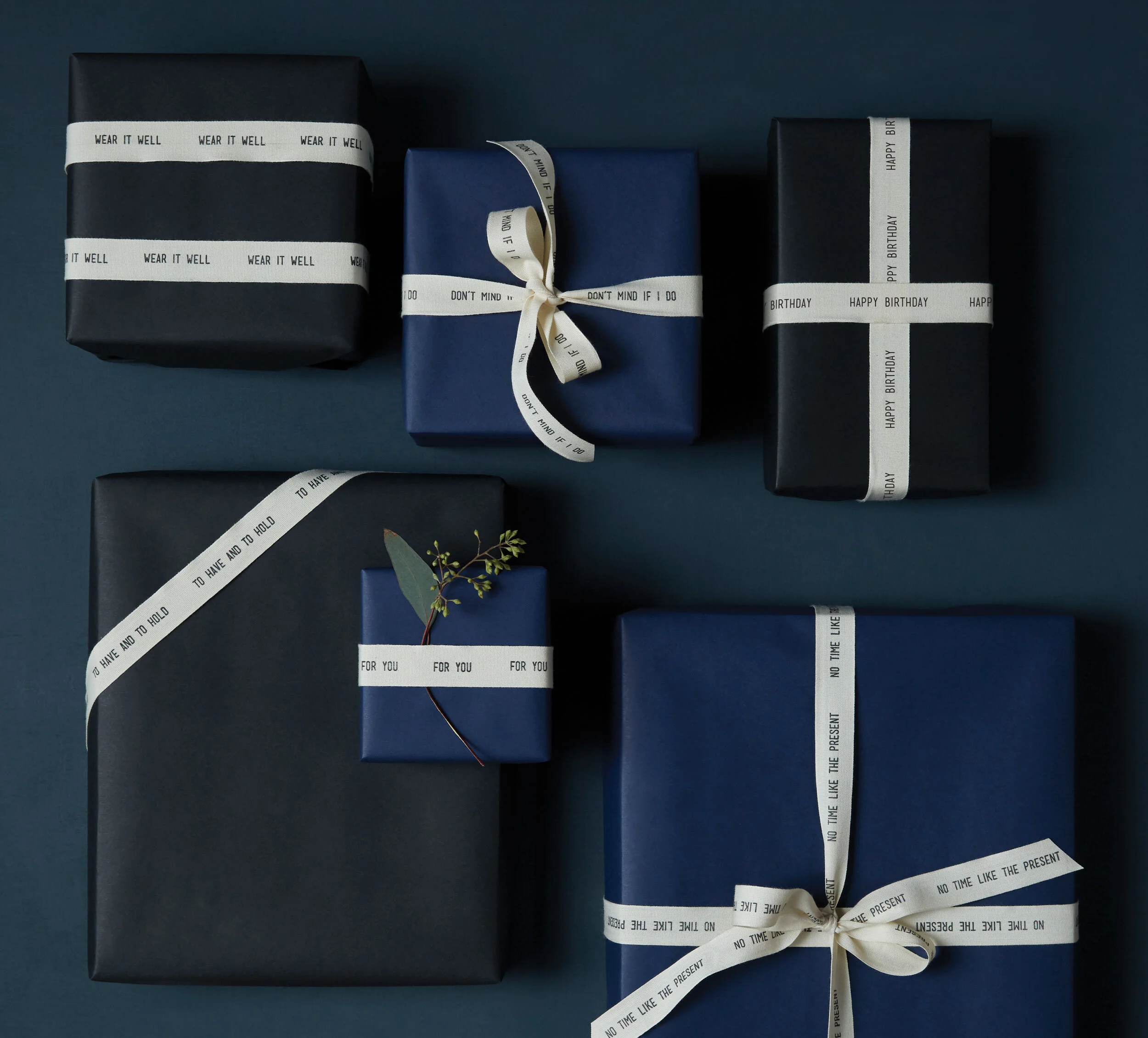 gift home aesthetic movement wholesale graphic designer nyc sir/madam sirmadam cotton ribbon phrases black navy gift wrap packaging design holidays mood christmas