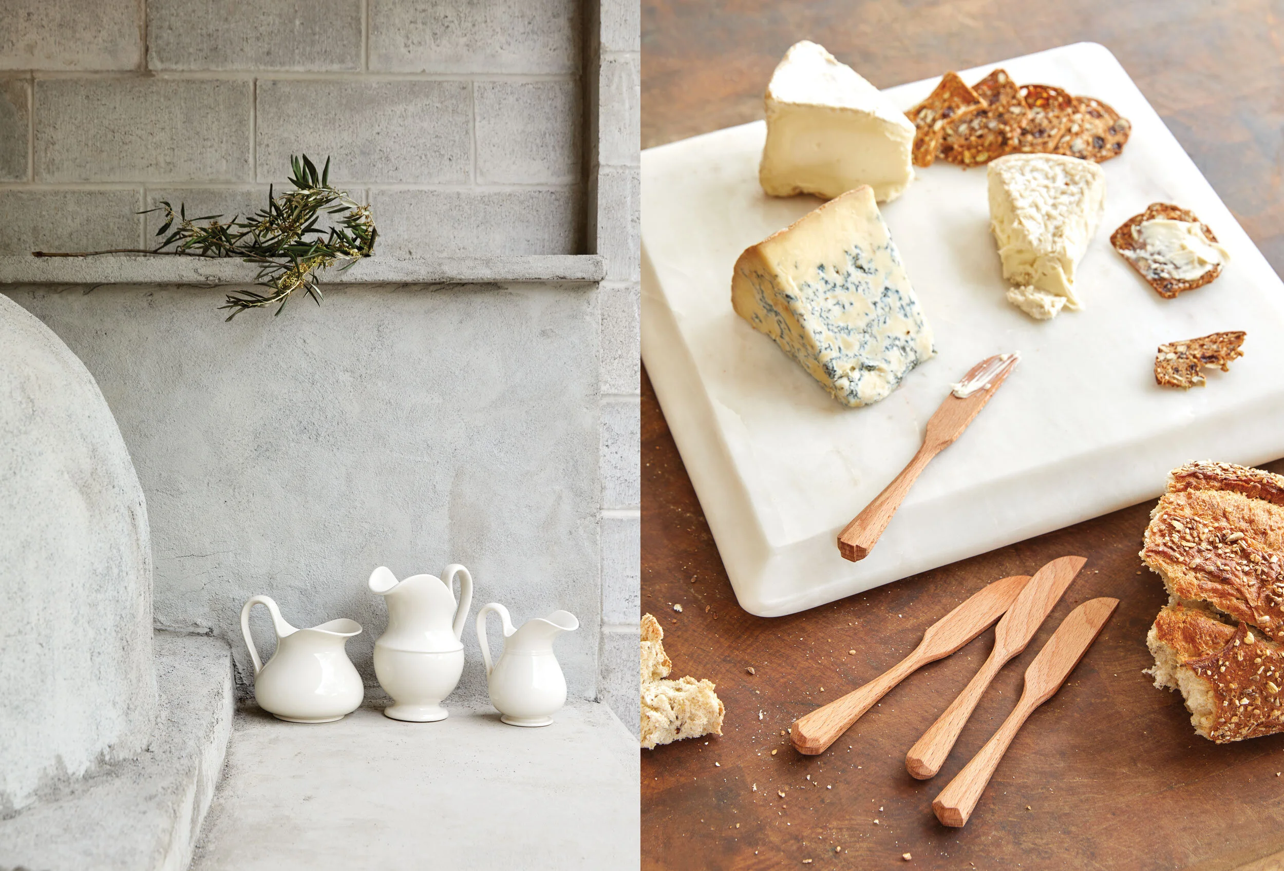 kate sears gift home aesthetic movement wholesale art director nyc sir/madam sirmadam ceramic pitchers stone kitchen pizza oven cheese wood knives marble slab bread crackers still life