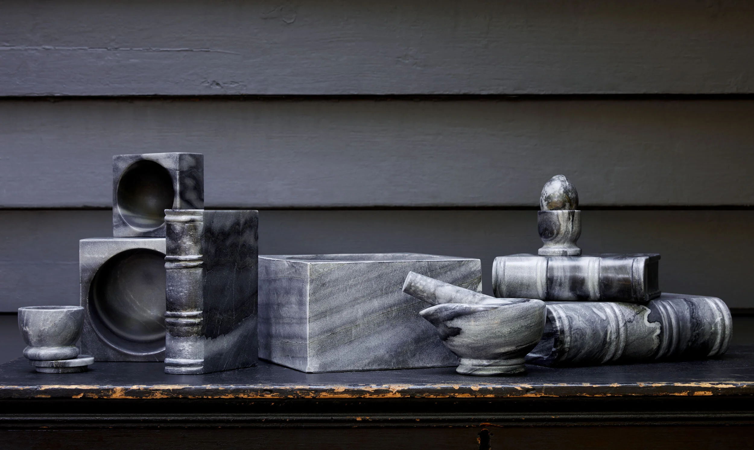 kate sears gift home aesthetic movement wholesale art direction nyc sir/madam sirmadam black gray grey marble book bowl modernist mortar pestle egg cup salt design heavy blackhouse