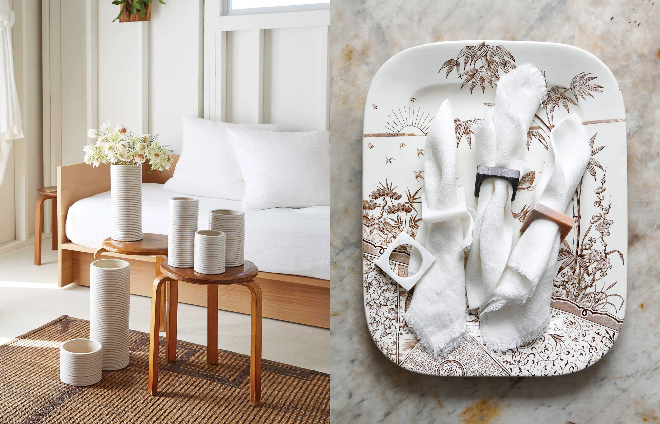 kate sears gift home aesthetic movement wholesale art director nyc sir/madam sirmadam ceramic cylinder vases beach cottage fire island stool daybed marble napkin ring linen napkins white vintage linen