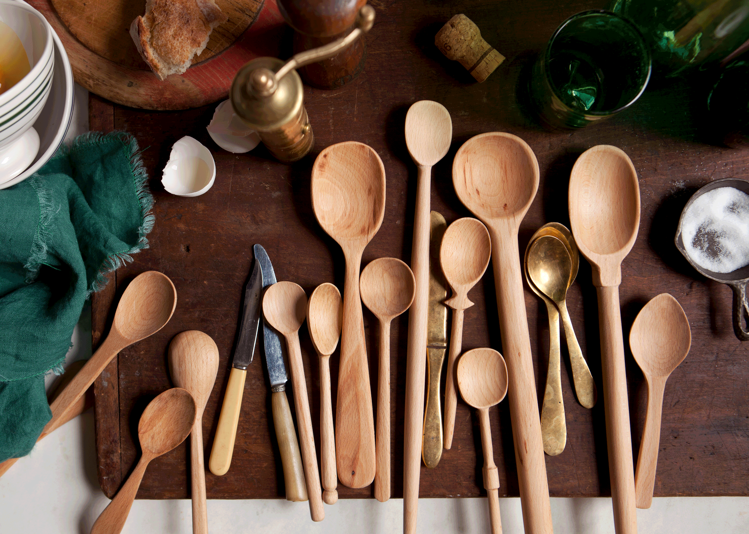 kate sears gift home aesthetic movement wholesale art director nyc sir/madam sirmadam bakers dozen wood spoons hand carved marble kitchen egg linen napkin food prep