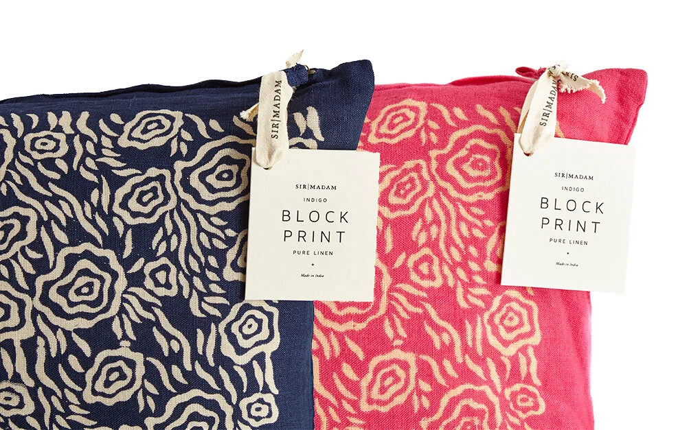 gift home aesthetic movement wholesale graphic designer nyc sir/madam sirmadam hang tag typography sans serif paper block print linen pillow covers flower indigo magenta