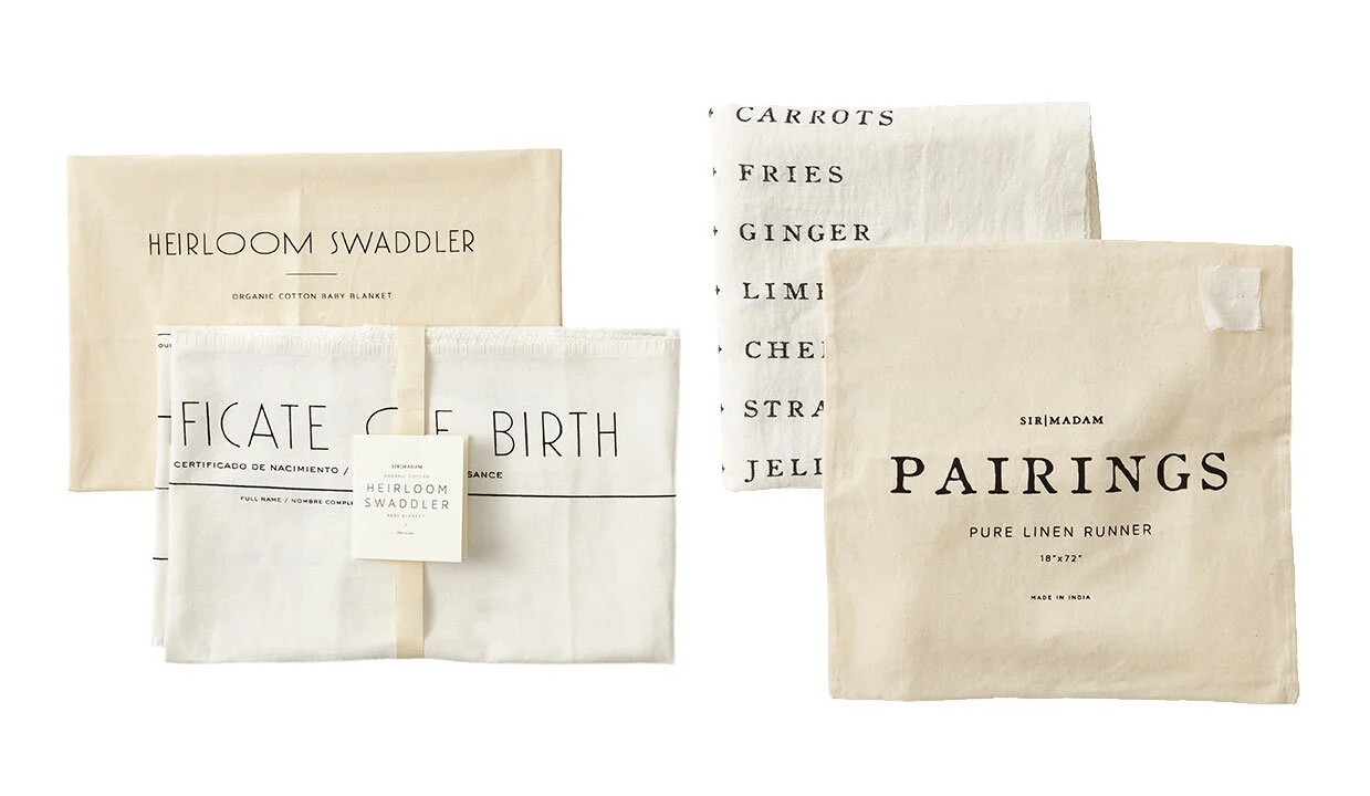 gift home aesthetic movement wholesale graphic designer nyc sir/madam sirmadam cotton packaging black ink printed certificate birth baby blanket swaddler pairings list table runner