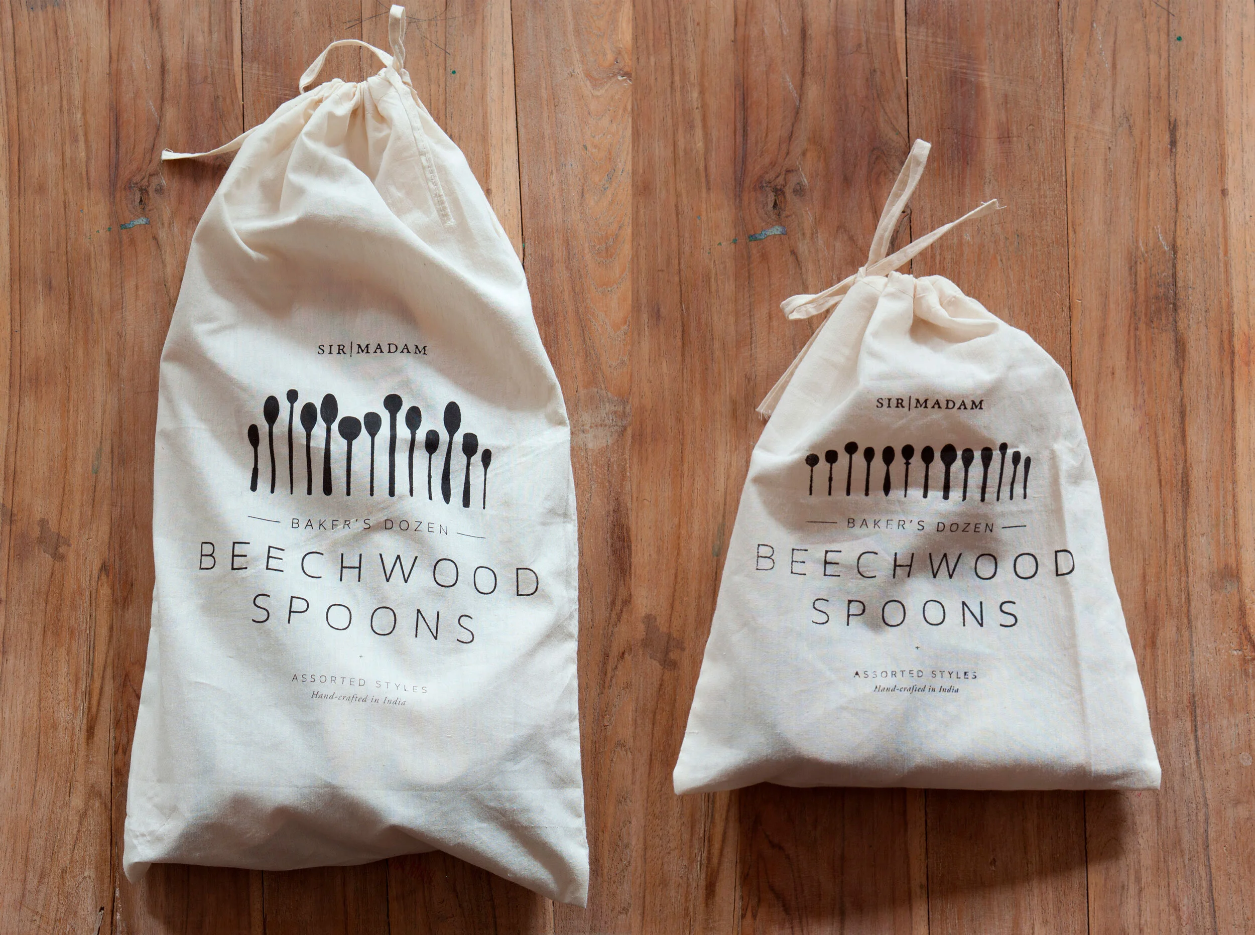 kate sears gift home aesthetic movement wholesale graphic designer nyc sir/madam sirmadam bakers dozen wood spoons beechwood cotton drawstring black ink printed bag packaging design